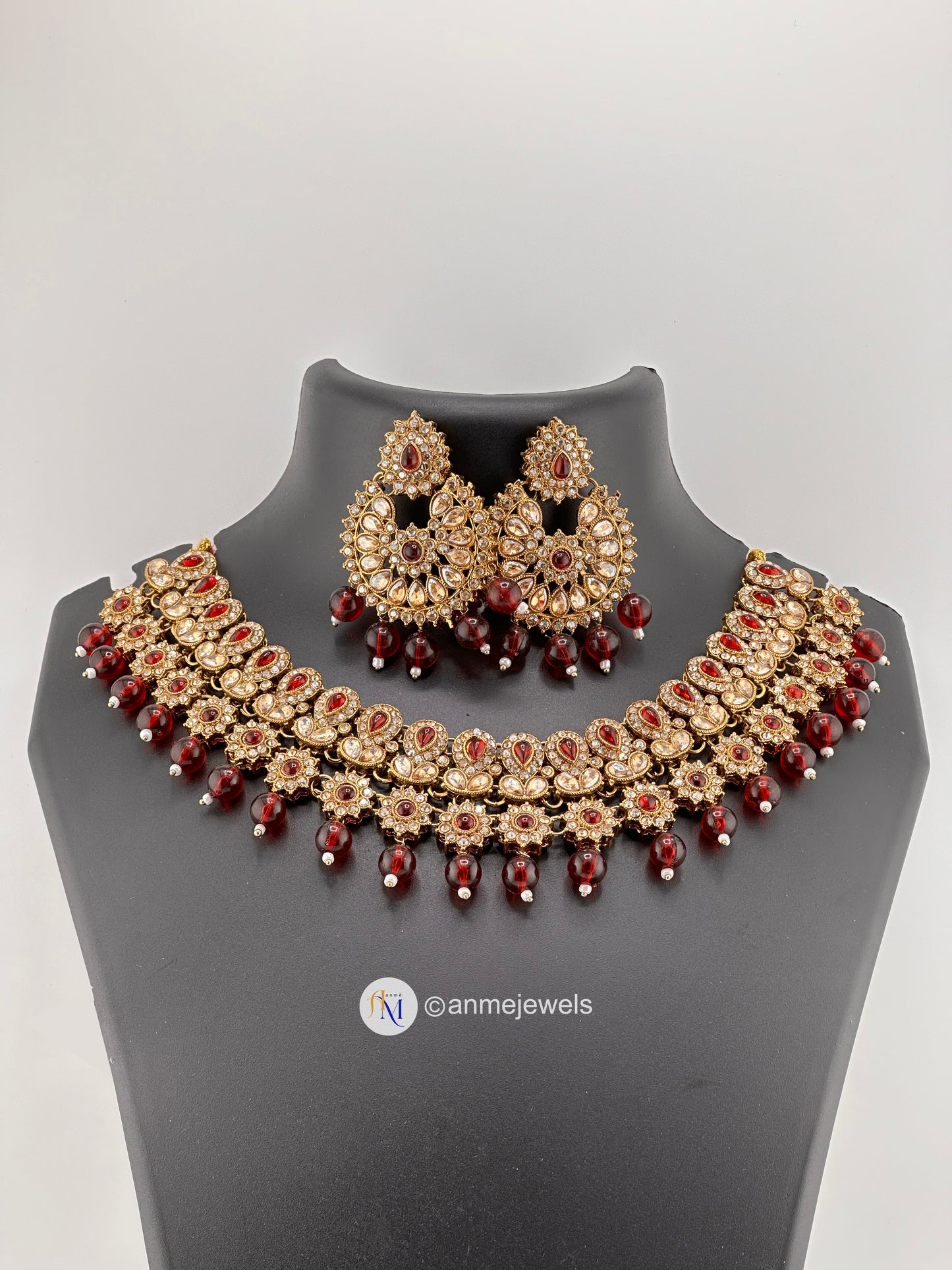 Ruby Maroon premium kundan bridal necklace with earrings and tikka set