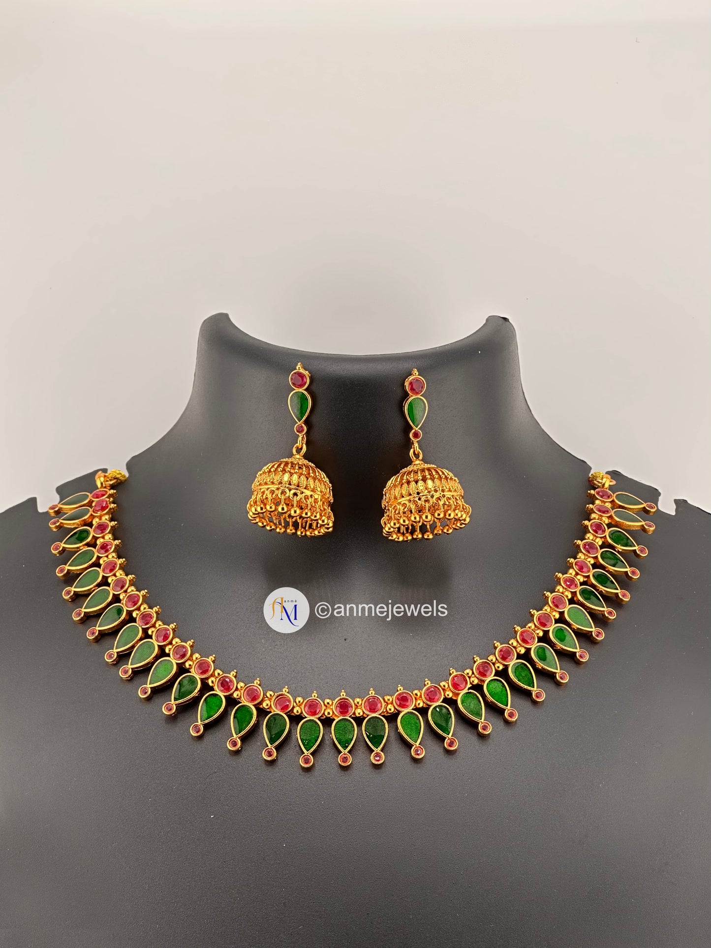 Ruby, Red and Green Kerala Gopi necklace and earrings