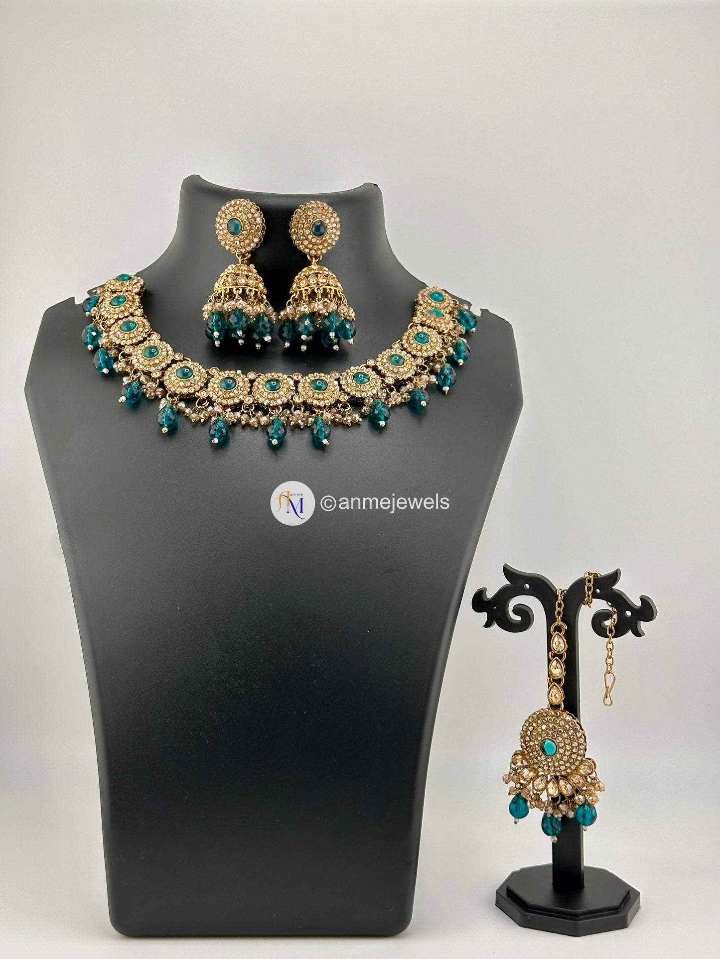 Aqua Green Kundan bridal necklace with earrings and tikka set