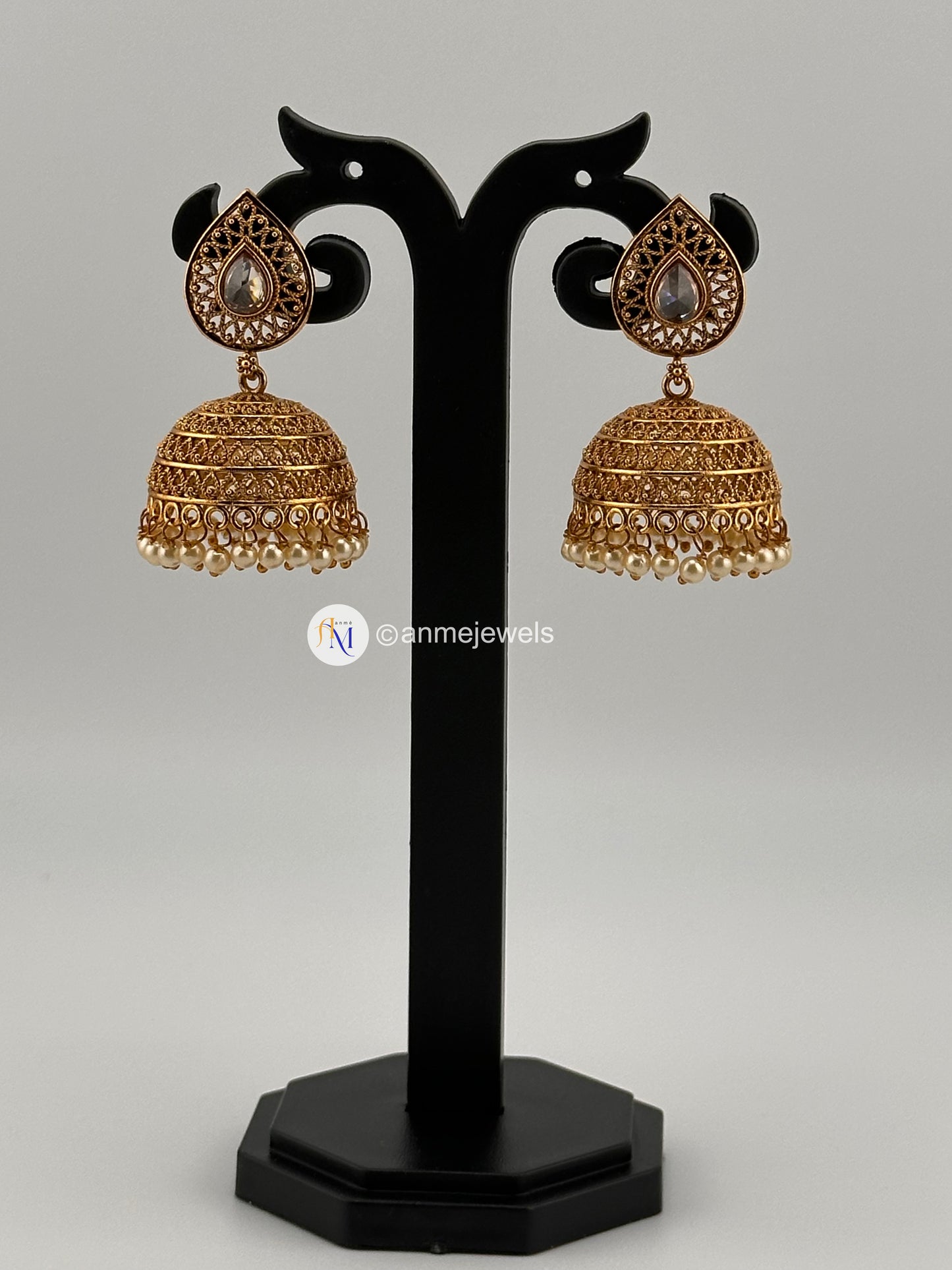 Gopi design golden with white stone and pearl hanging jhumkas - Available in different colors