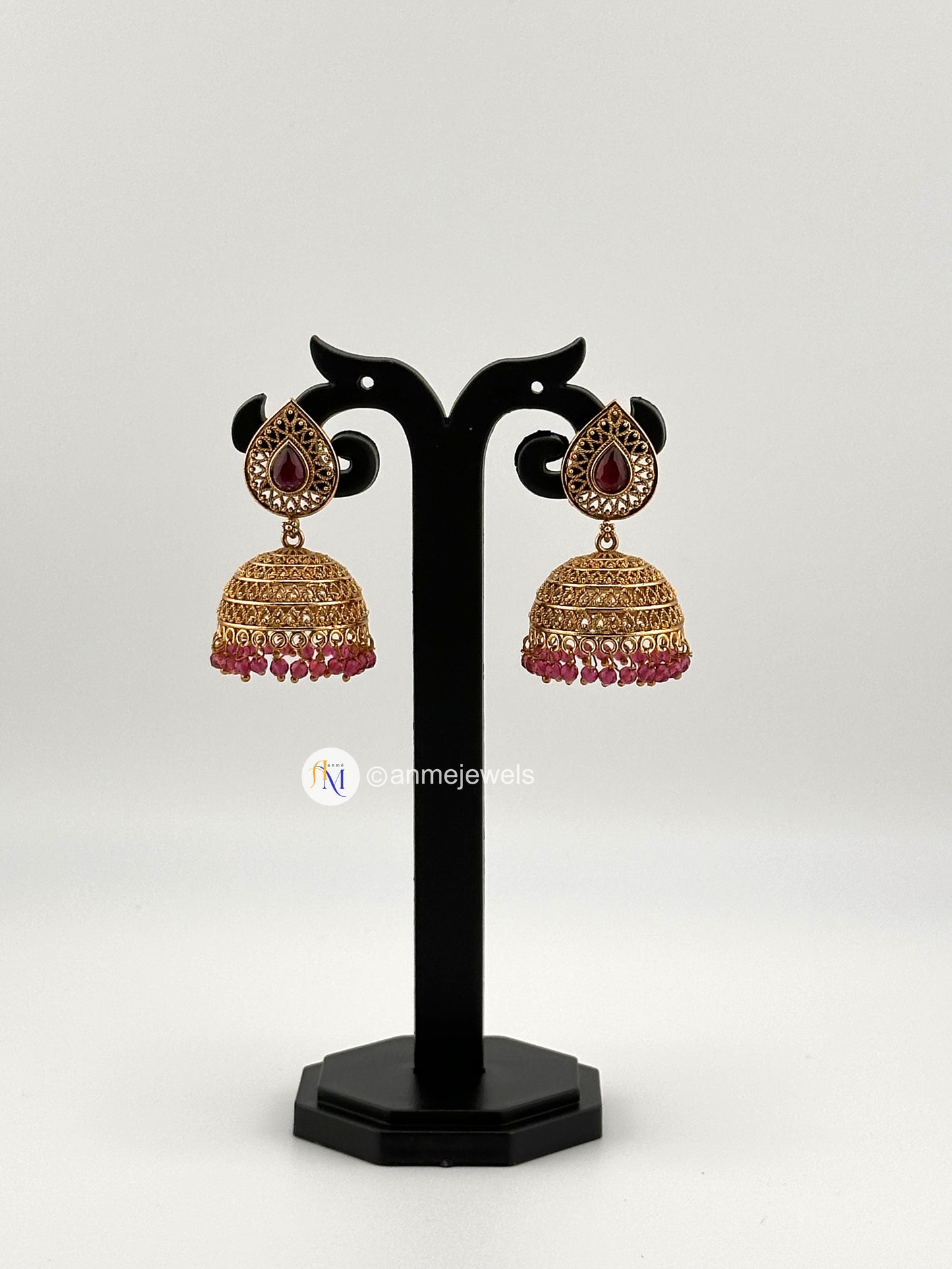 Gopi design golden with white stone and pearl hanging jhumkas - Available in different colors