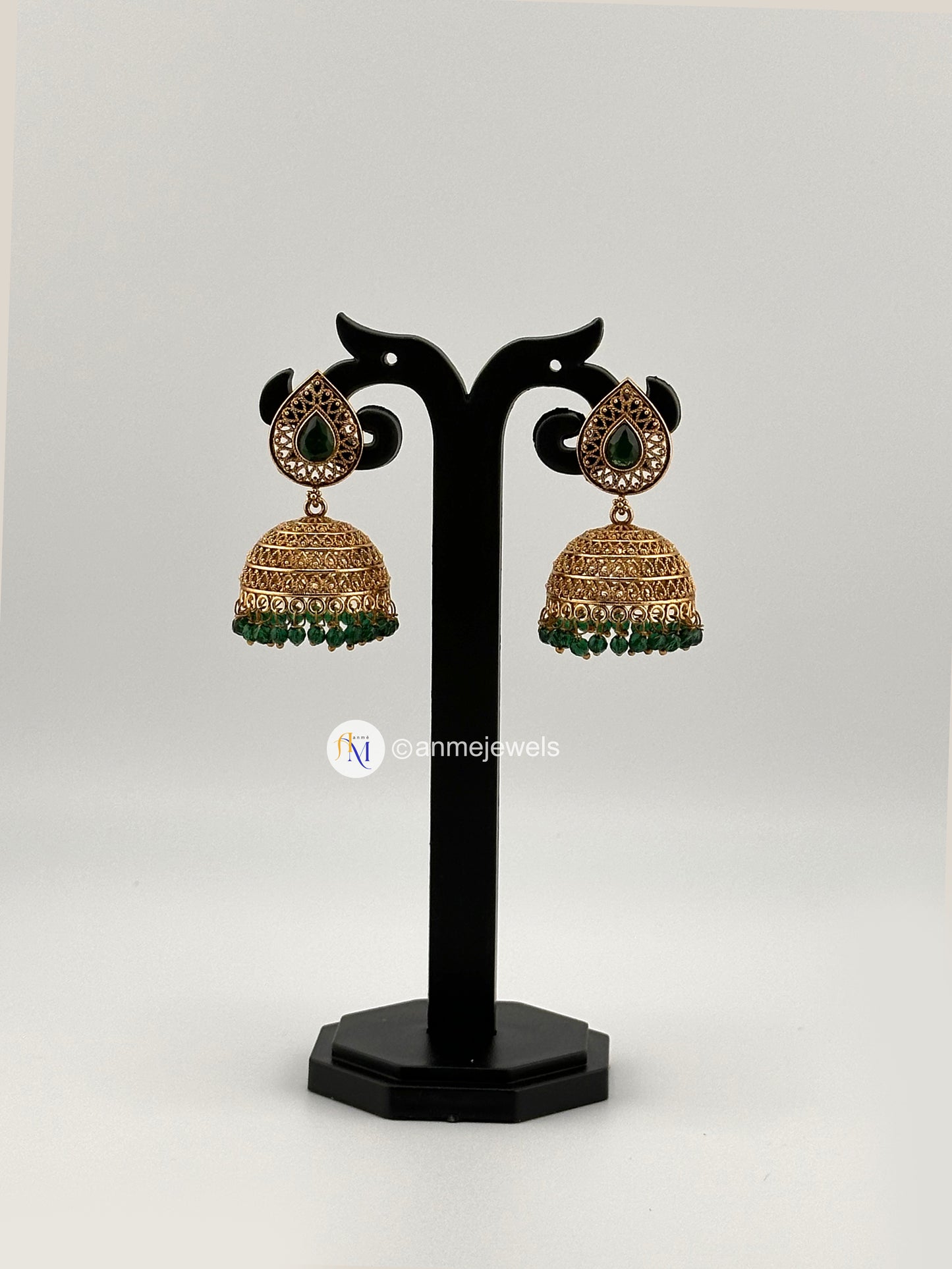 Gopi design golden with white stone and pearl hanging jhumkas - Available in different colors
