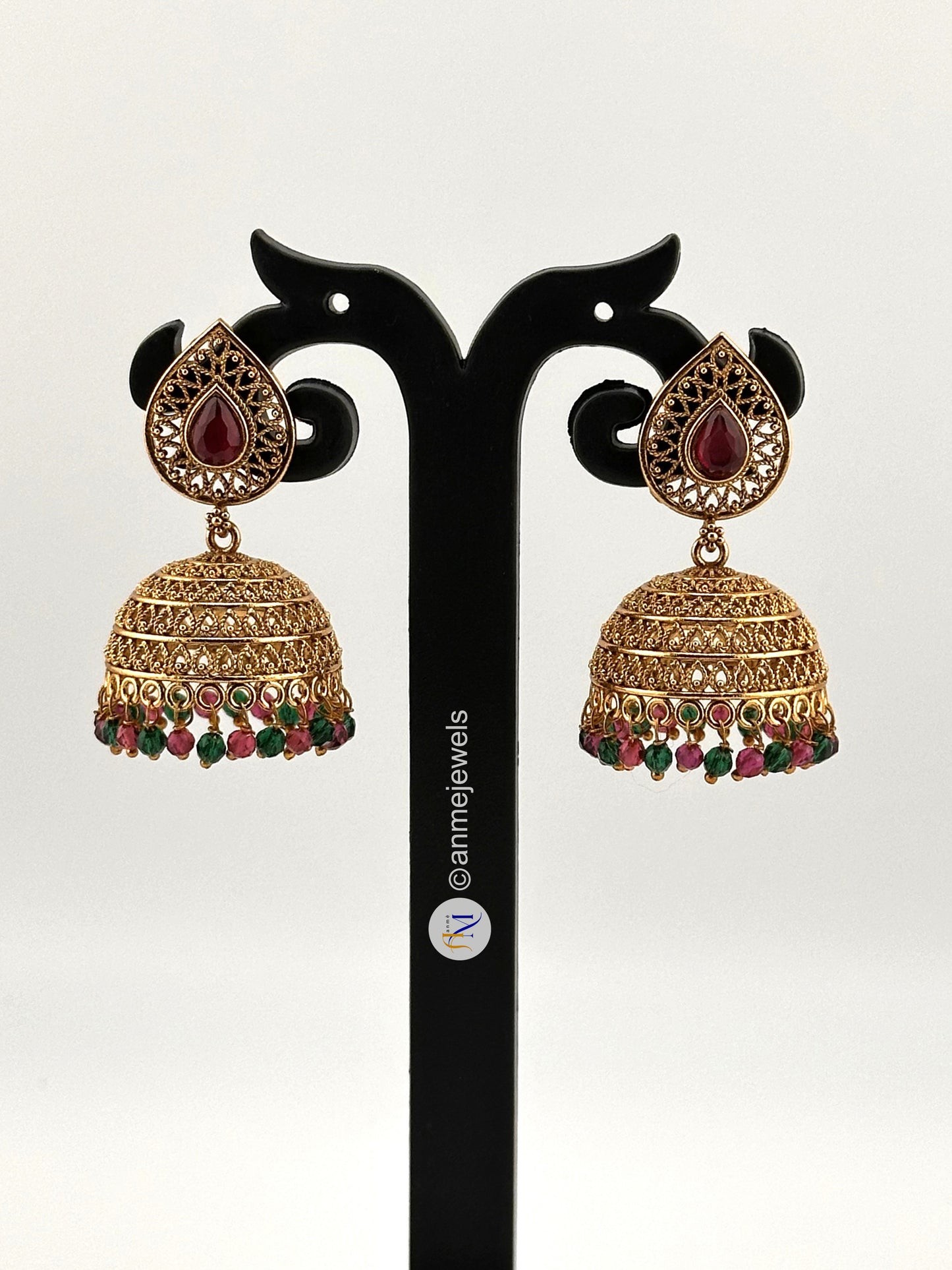 Gopi design golden with white stone and pearl hanging jhumkas - Available in different colors