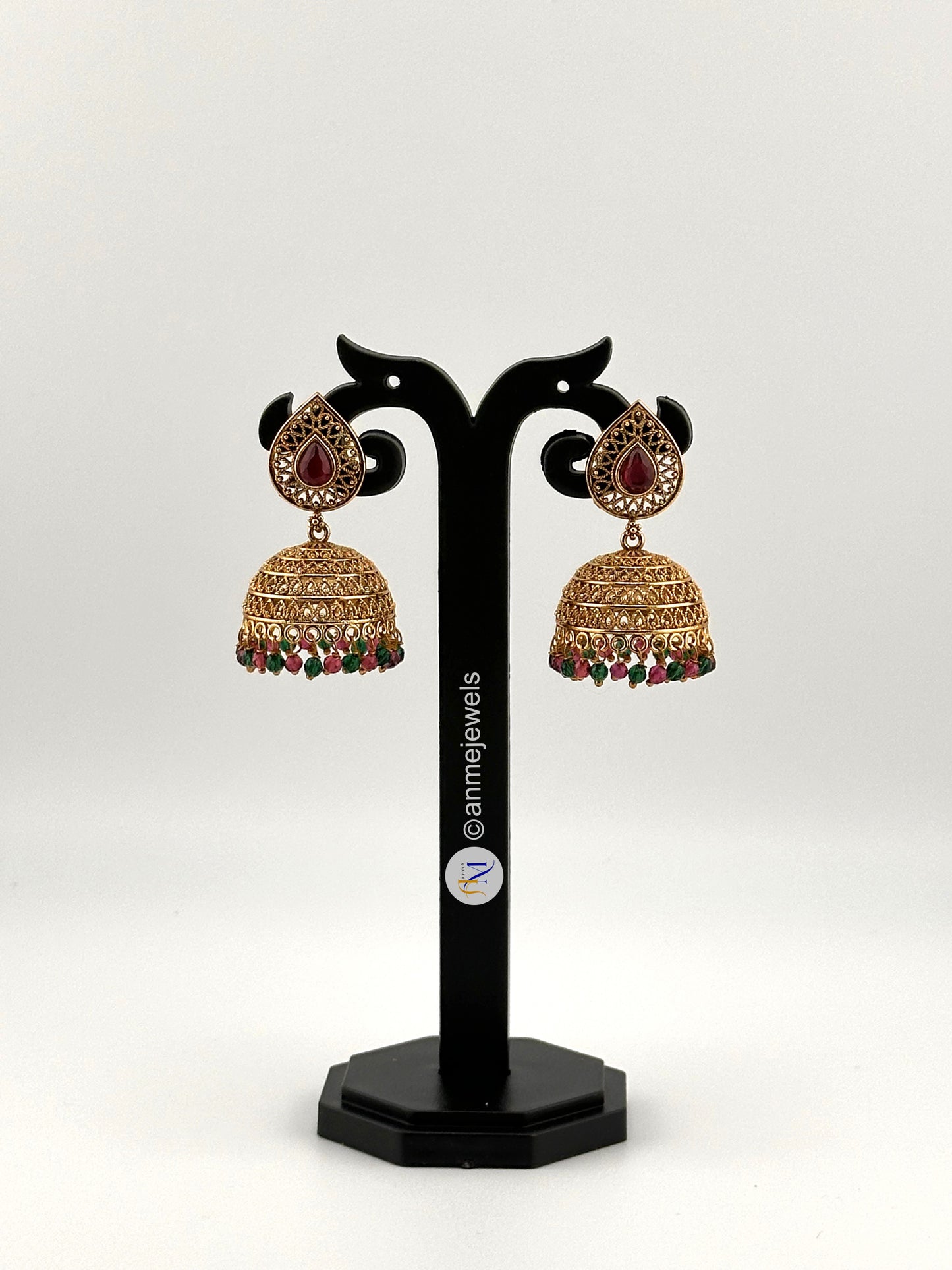 Gopi design golden with white stone and pearl hanging jhumkas - Available in different colors