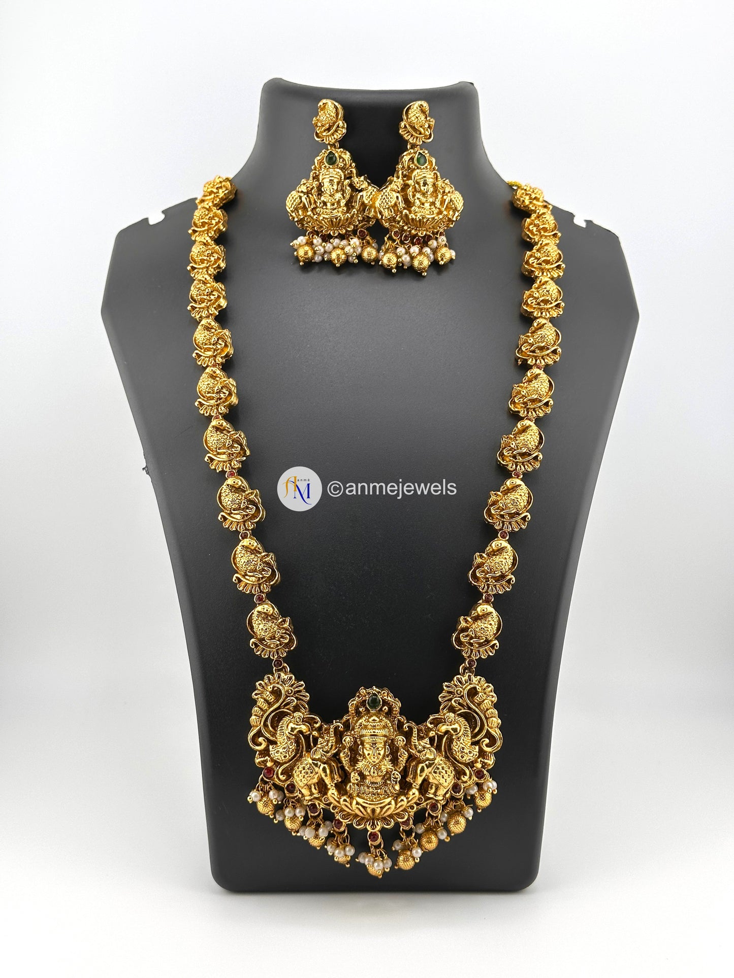Antique golden matte finish Goddess Lakshmi and peacock long haram set