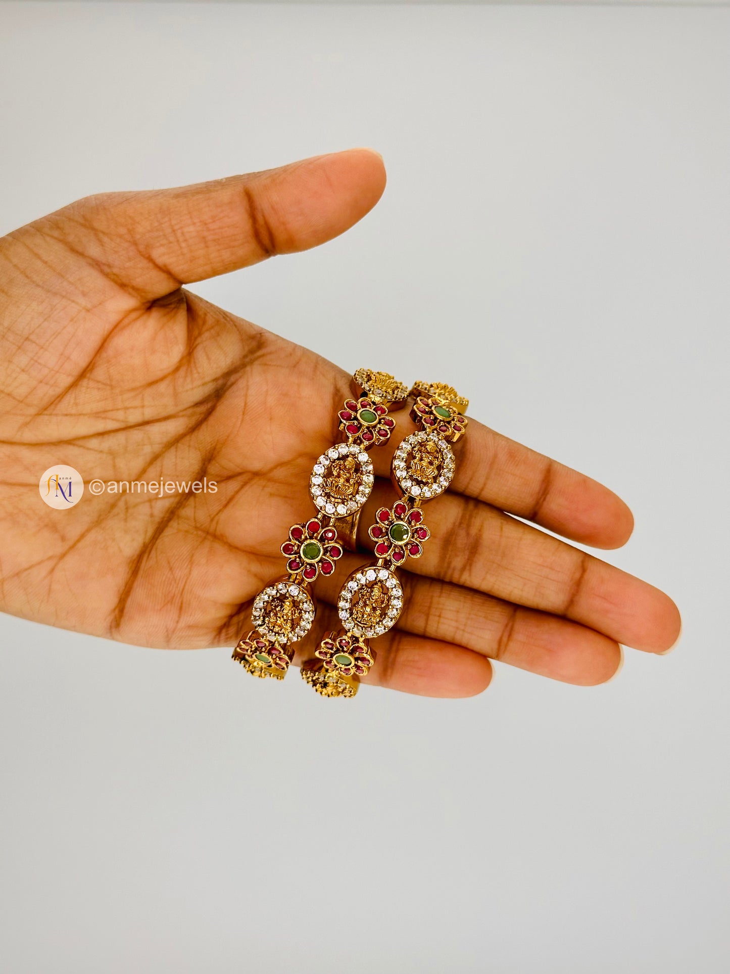Matte finish ruby green white flower lakshmi bangles