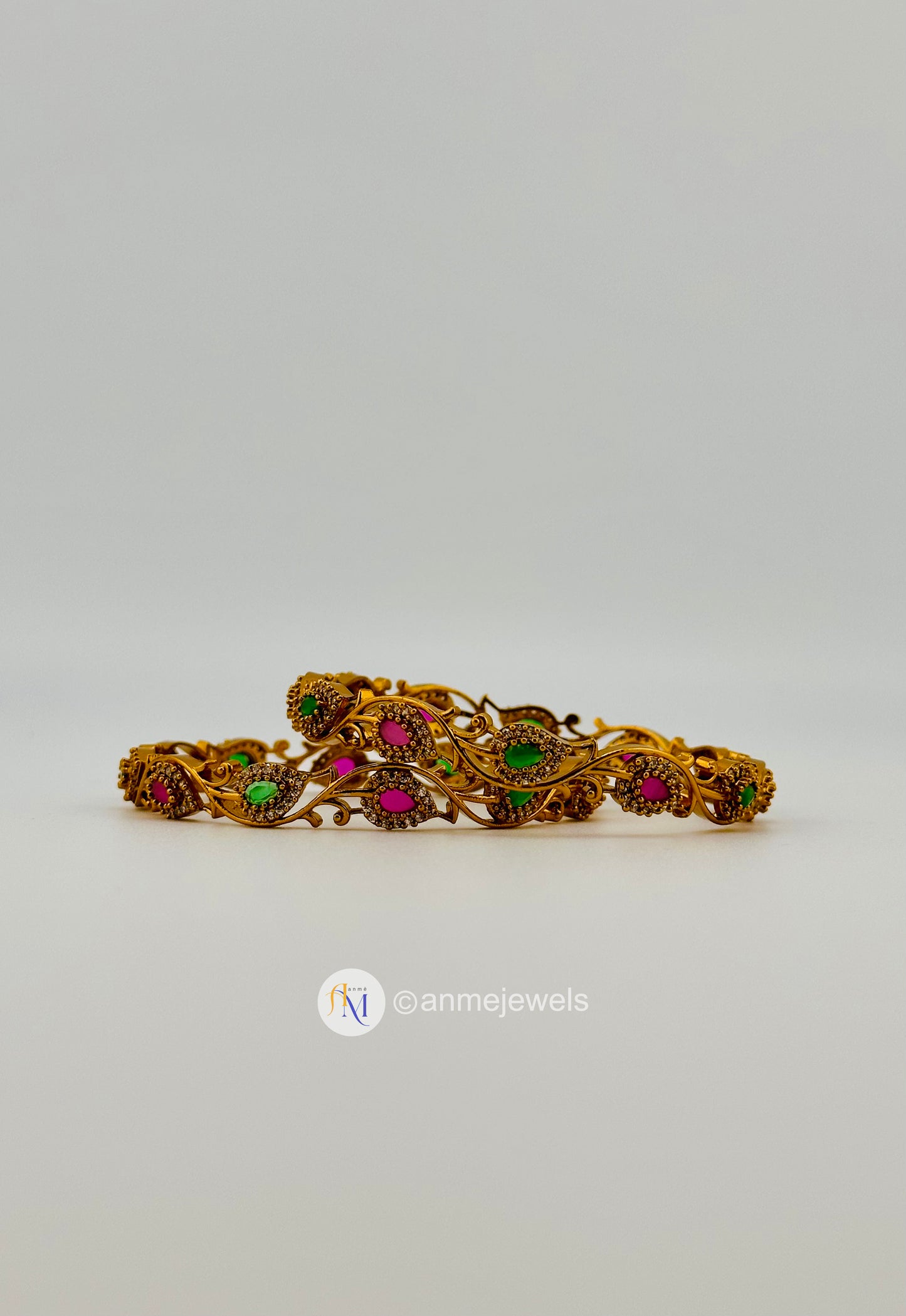 Ruby Green AD stone floral design bangle set