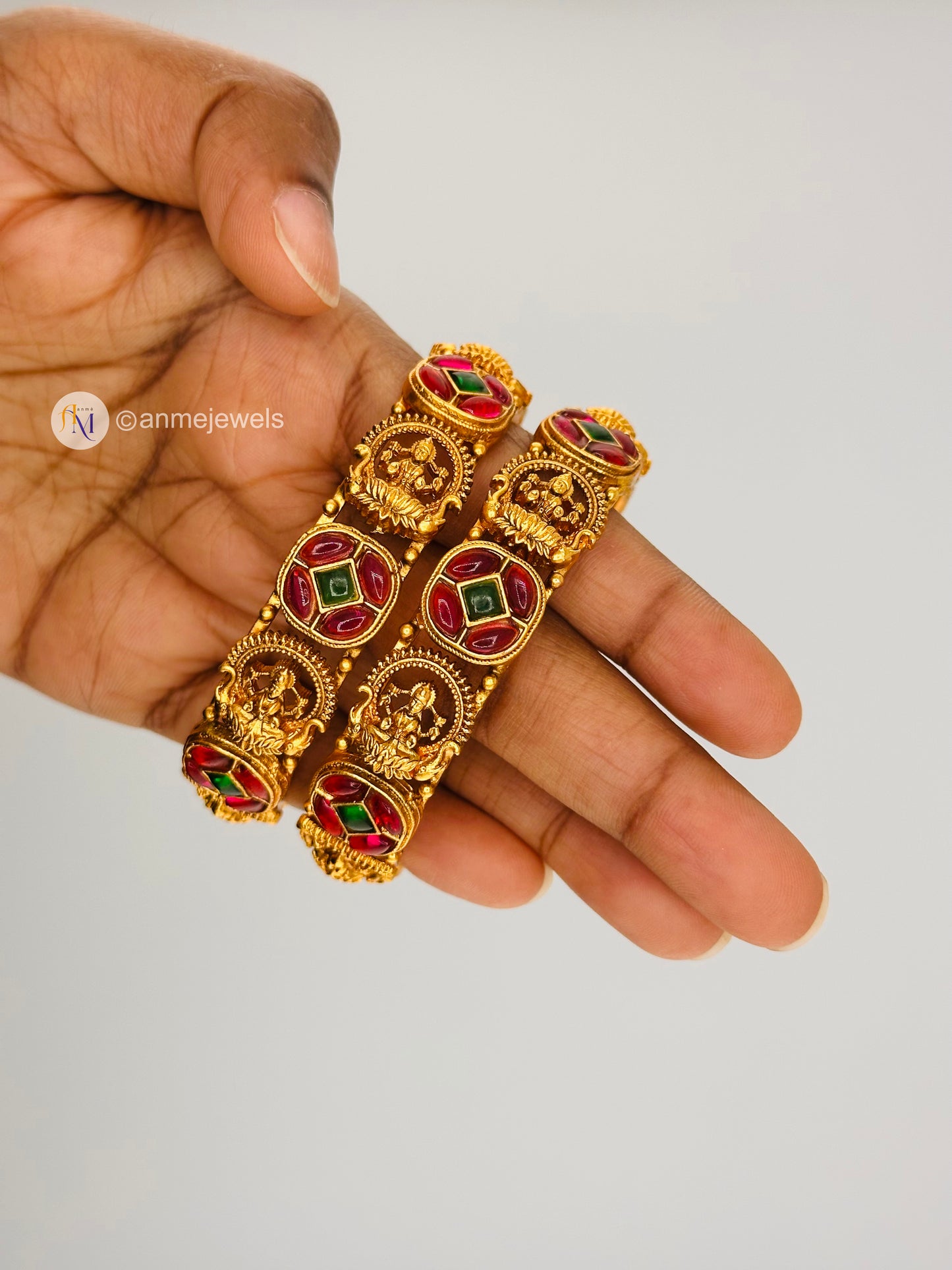 Antique Matte finish ruby and green kemp and lakshmi design bangle set