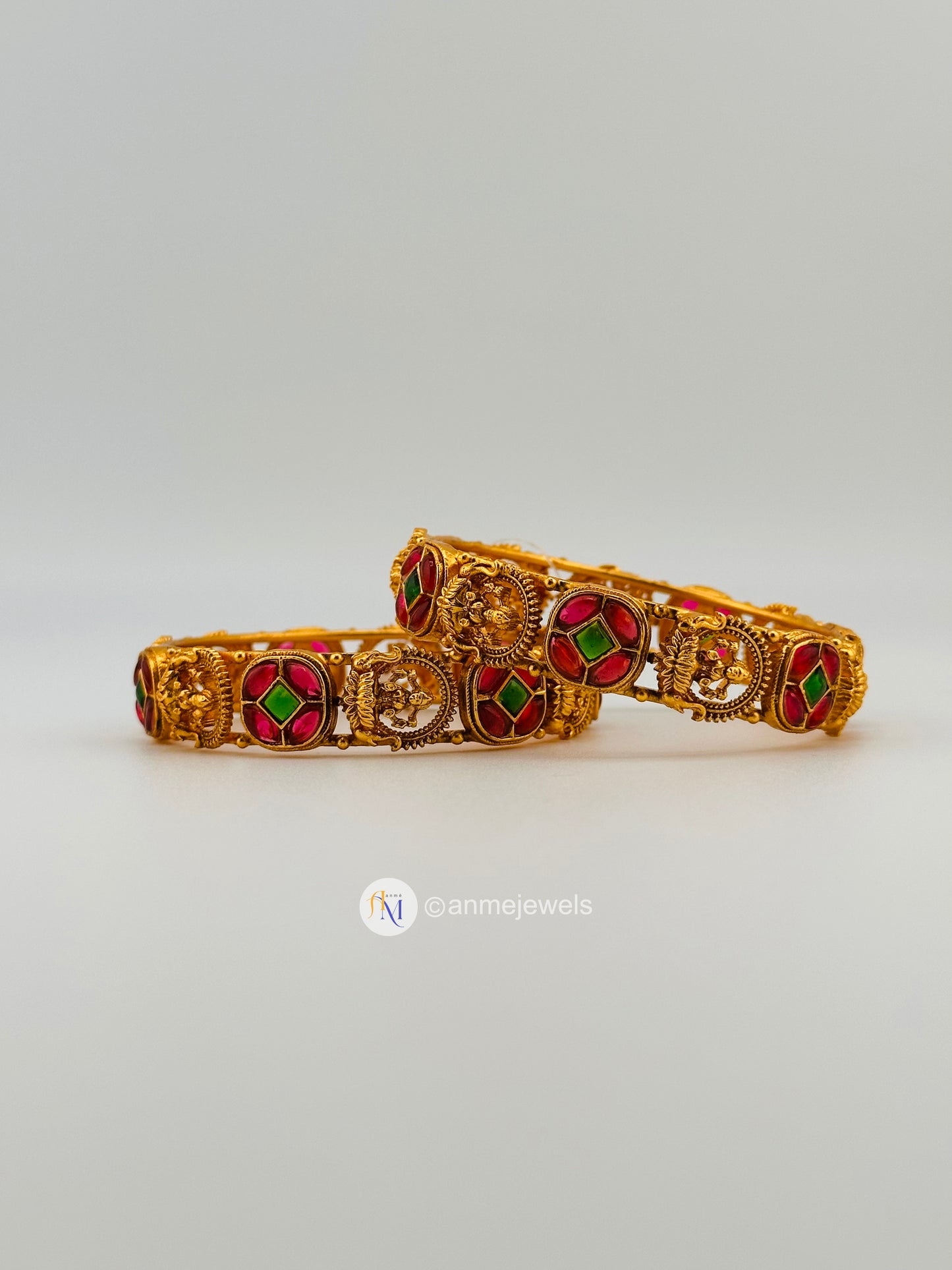 Antique Matte finish ruby and green kemp and lakshmi design bangle set
