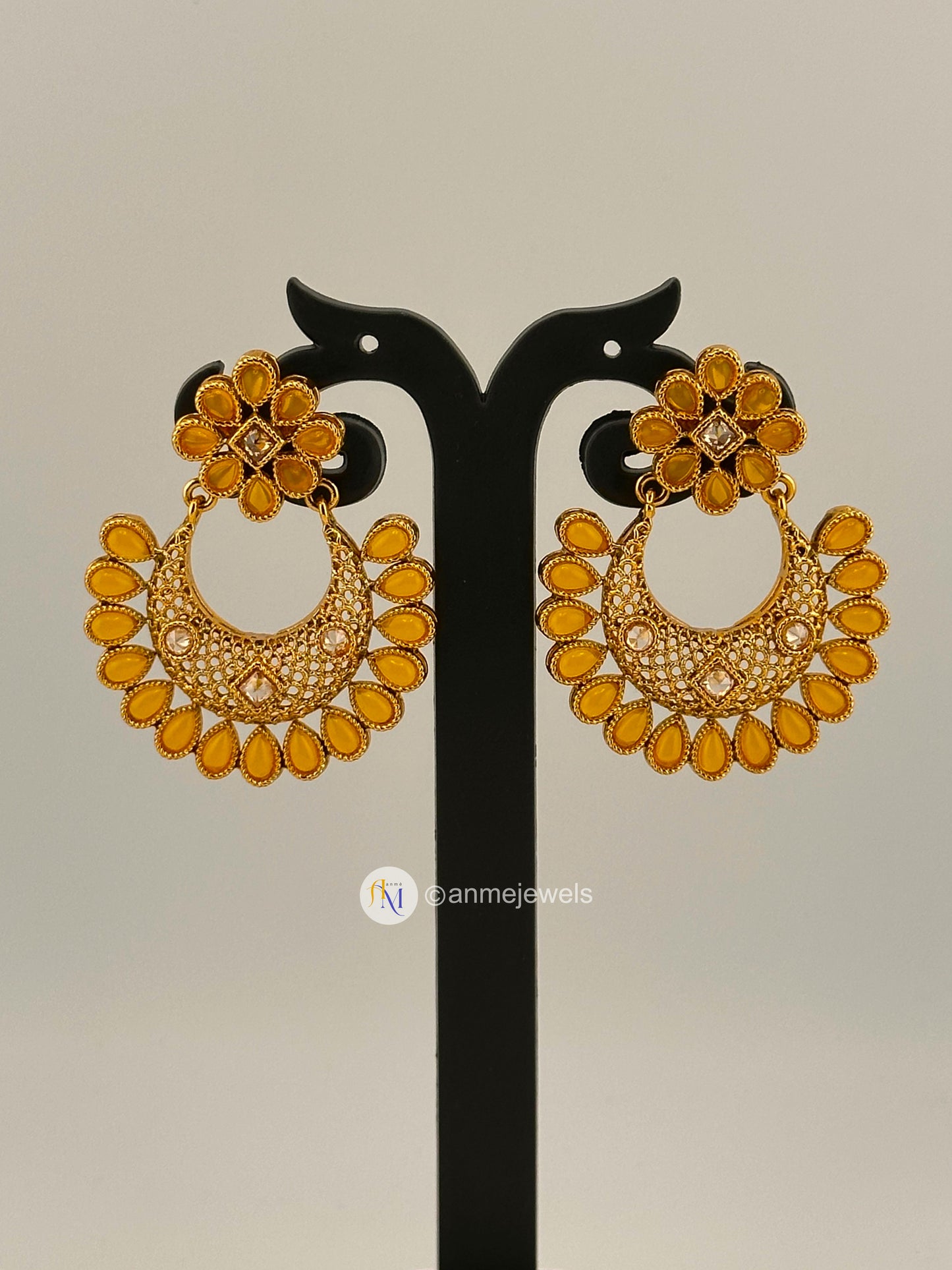 Yellow Kundan Chandbali earrings