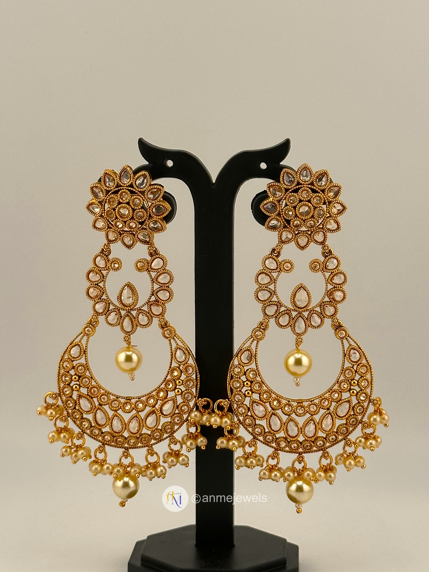 White Kundan Chandbali earrings with pearl hangings