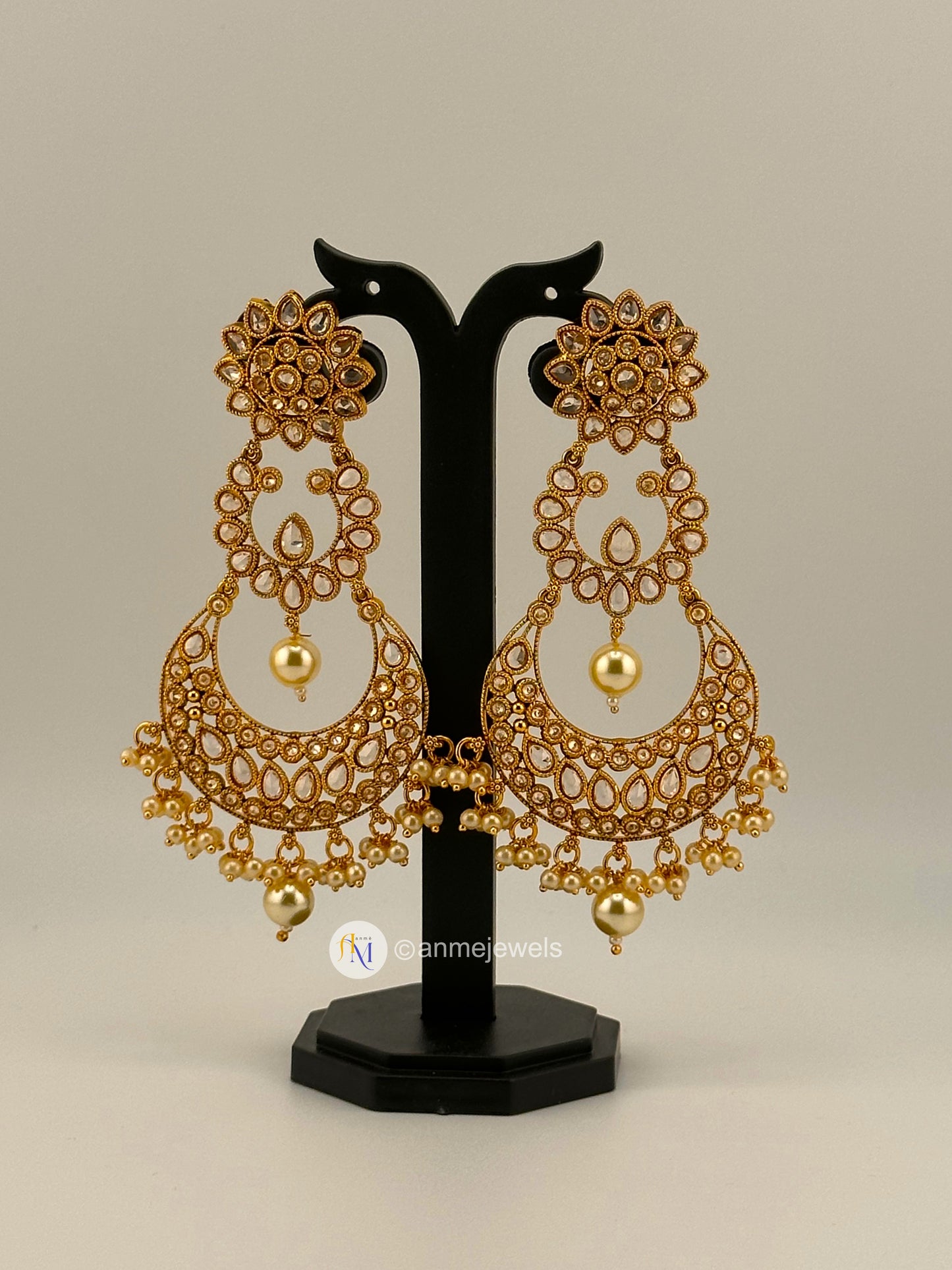 White Kundan Chandbali earrings with pearl hangings