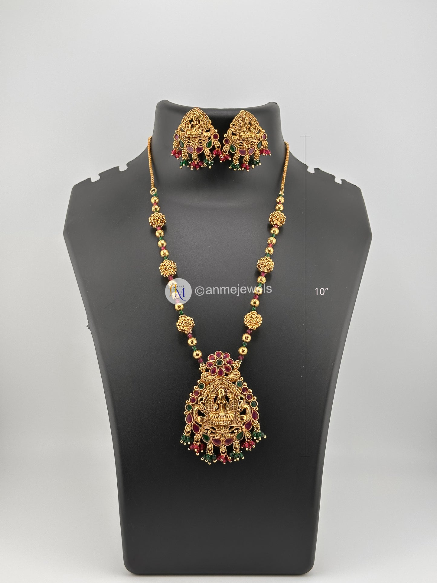 Lakshmi long haram with Ruby and green stone with beautiful Lakshmi earrings
