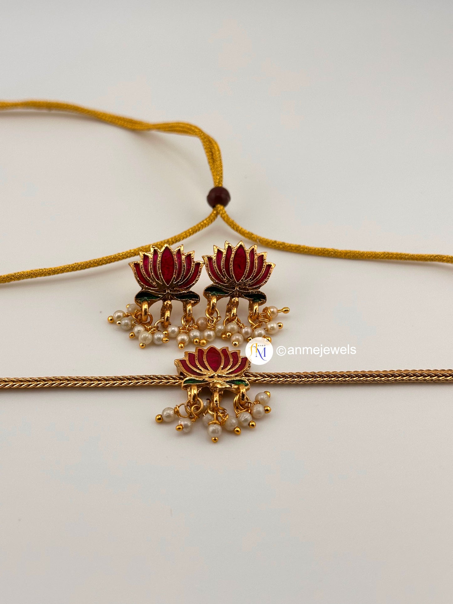 Trending Lotus Choker and beautiful lotus earrings with white pearl hangings