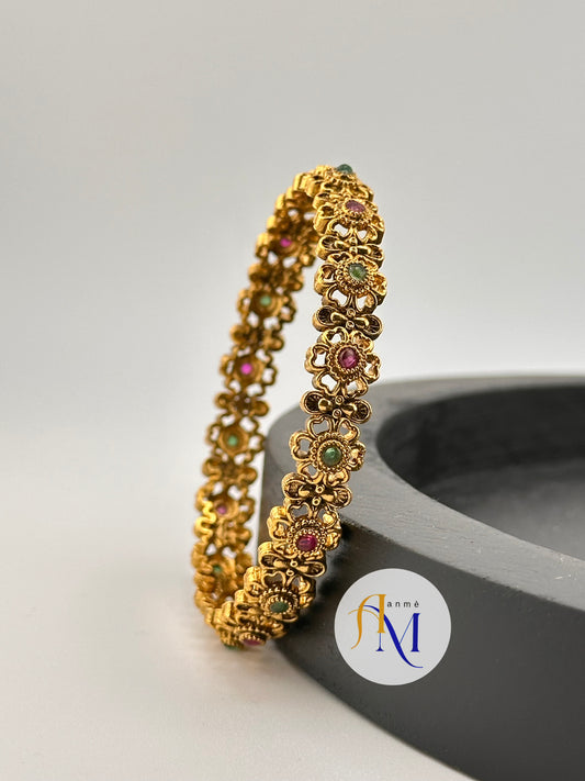Antique floral design with ruby and green stone bangles(Set of 2)