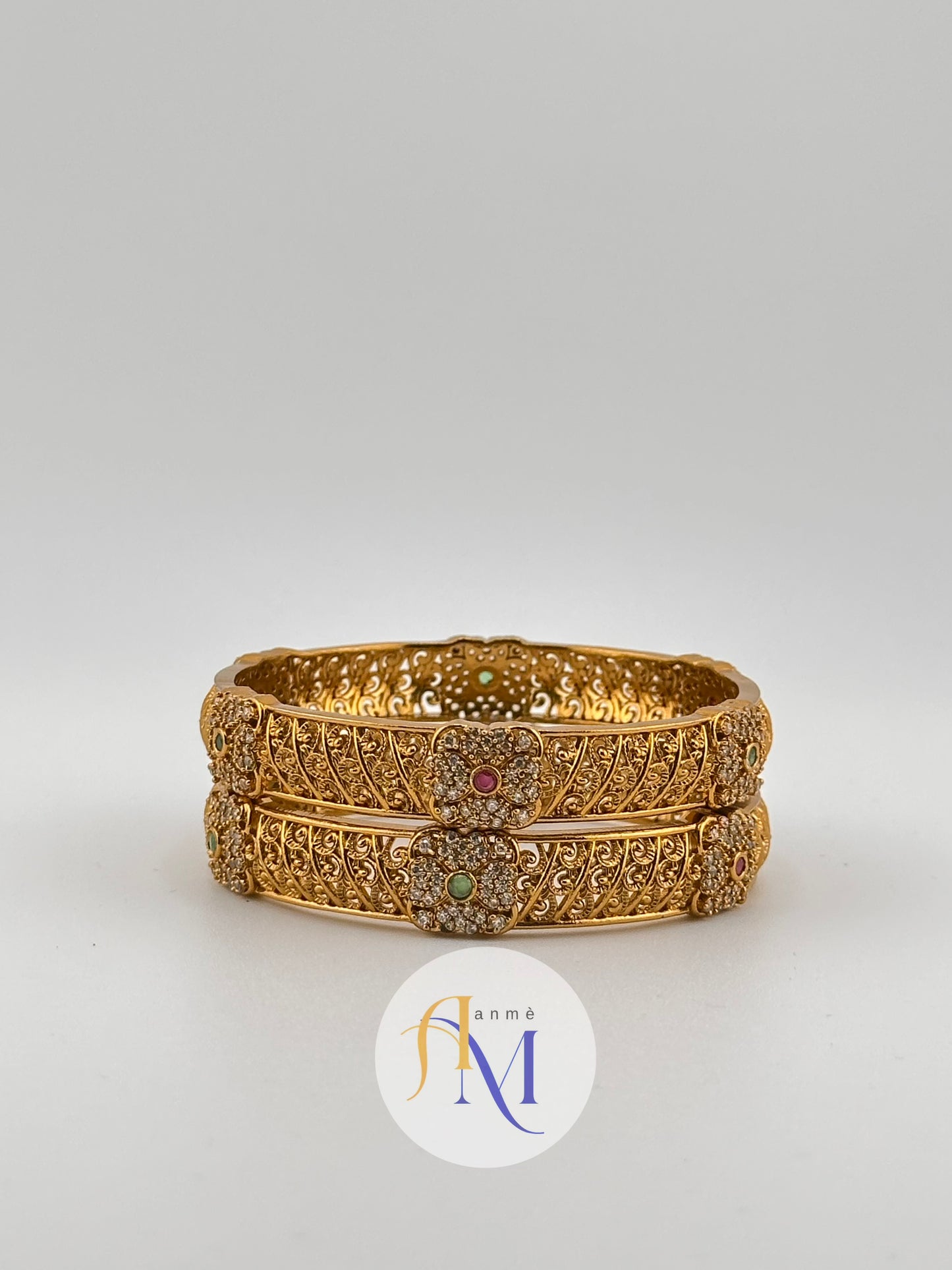 Antique floral design with ruby green and white stone bangles(Set of 2)