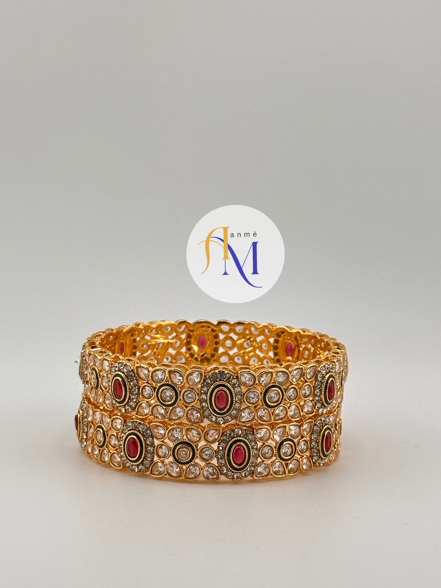 Premium quality Kundan bangles with ruby and white stones (Set of 2)