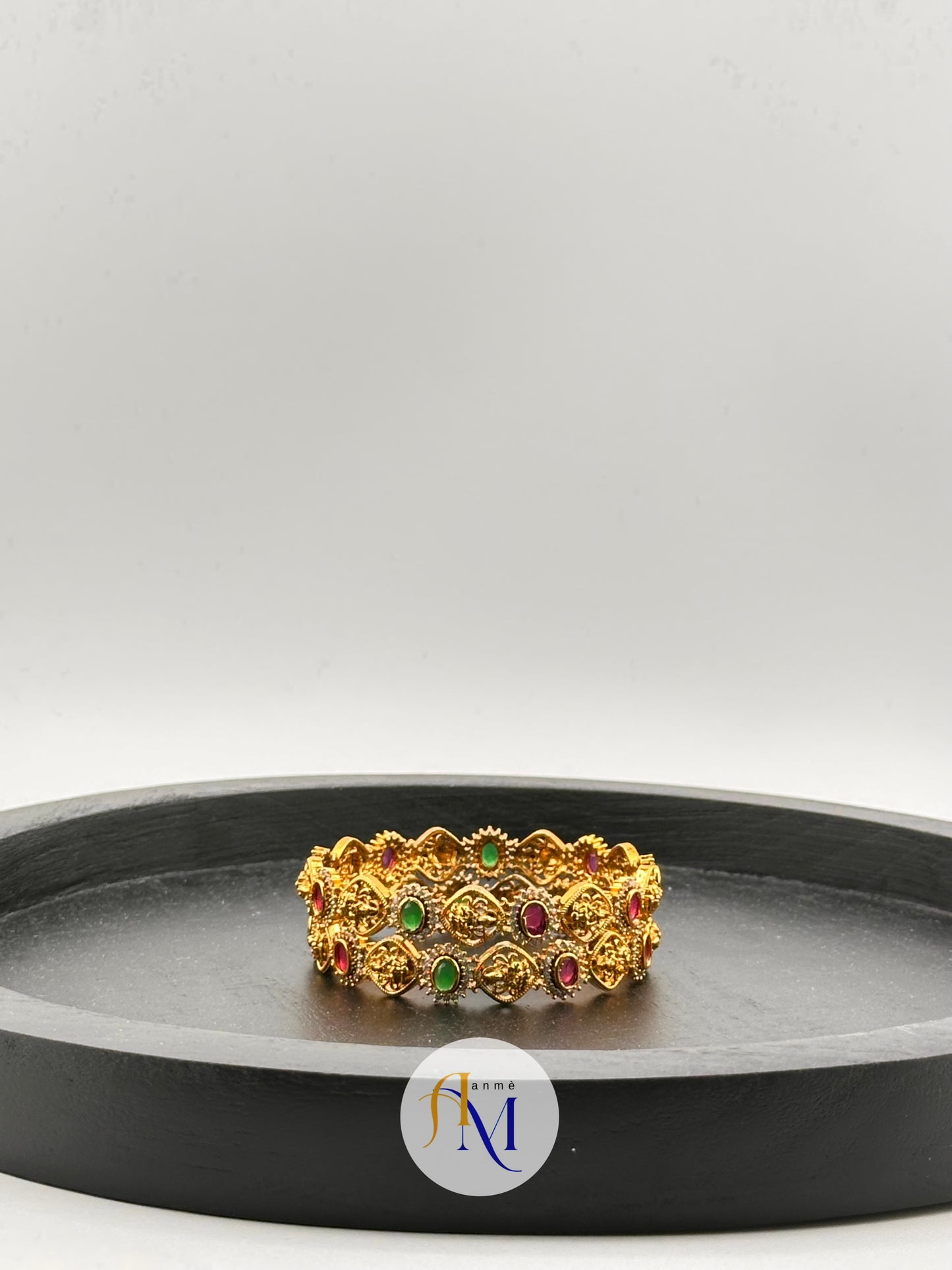 Antique Gold Lakshmi Temple Design Pink and Green Stone Bangles(Set of 2)