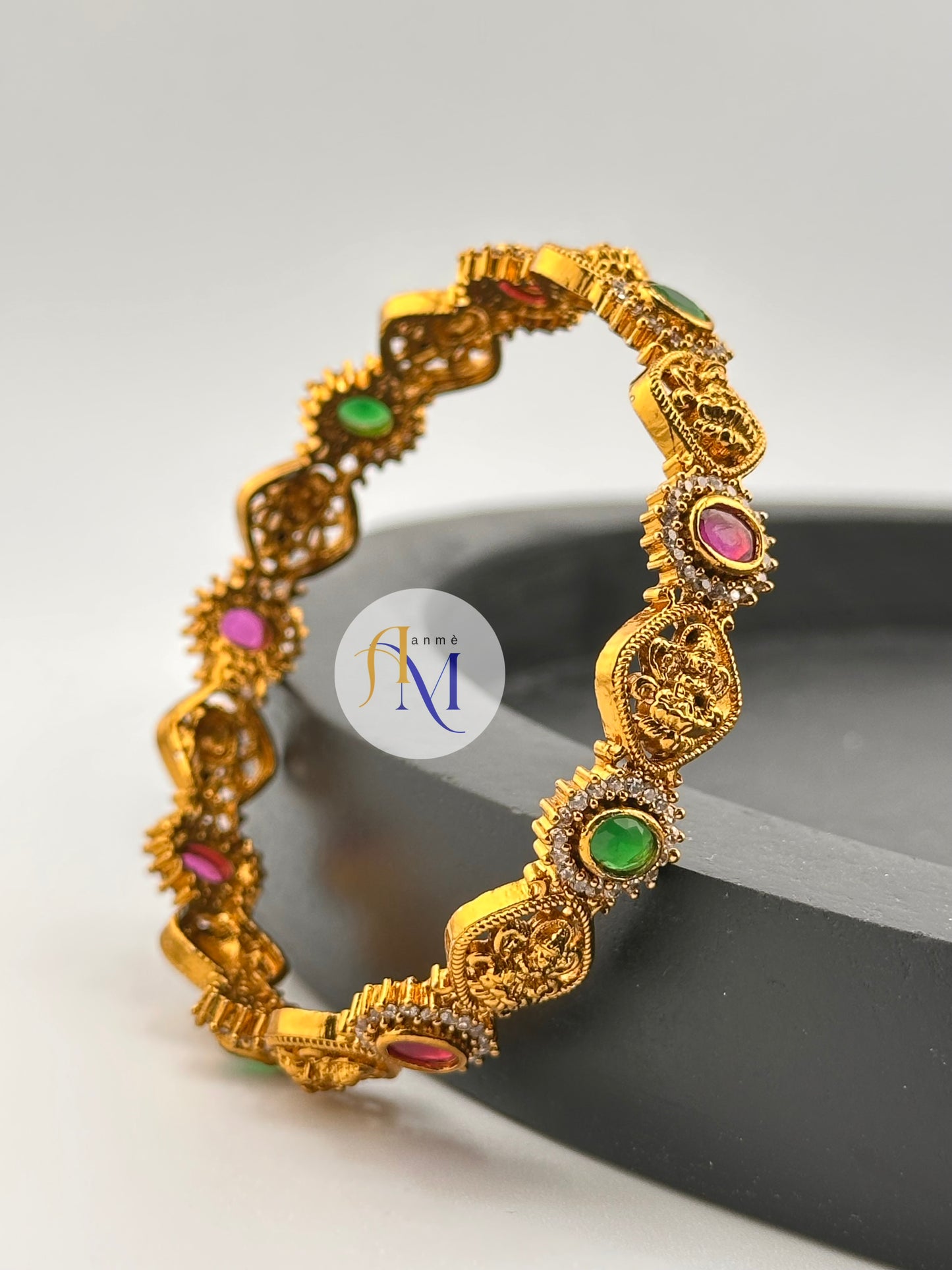 Antique Gold Lakshmi Temple Design Pink and Green Stone Bangles(Set of 2)