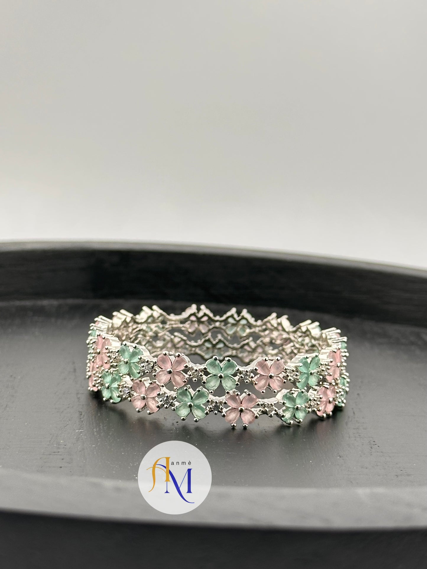 Elegant and Sparkling AD Silver bangles in vibrant shades (Set of 2)