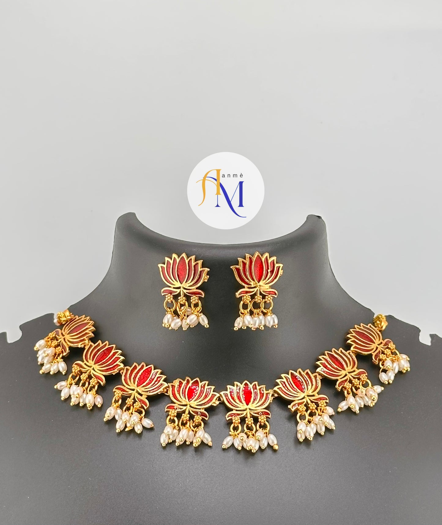 Trending Lotus necklace with white pearl hangings and earrings(Maroon-Maroon-Green)