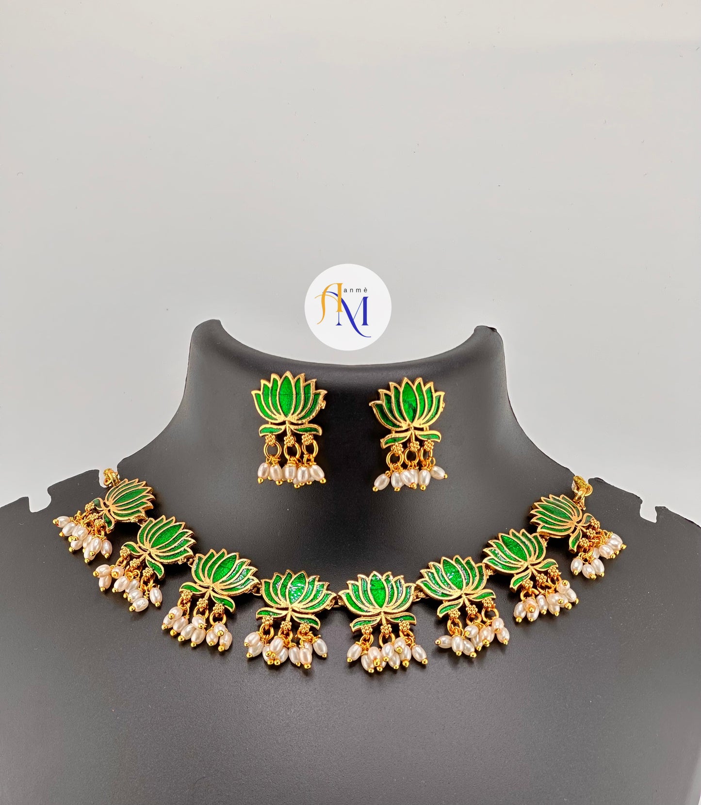 Trending Lotus necklace with white pearl hangings and earrings(Maroon-Maroon-Green)