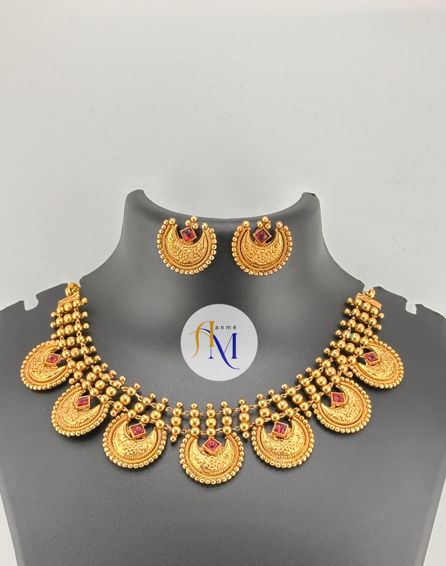 Unique chand design with ruby-green-white stones necklace set