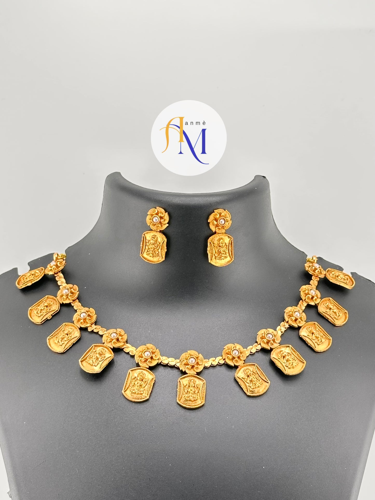 Lakshmi Coin necklace set with ruby-green-white stones