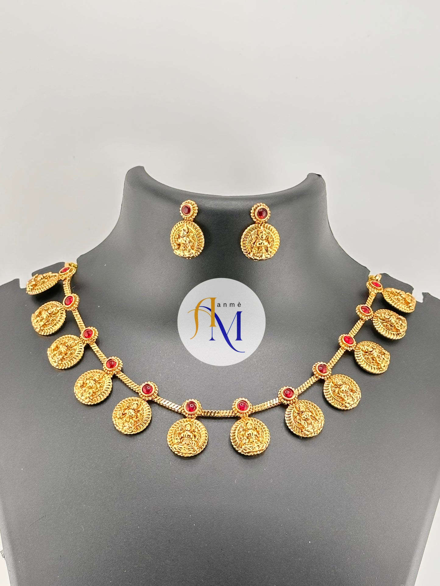 Traditional South Indian lakshmi coin necklace set with ruby stones