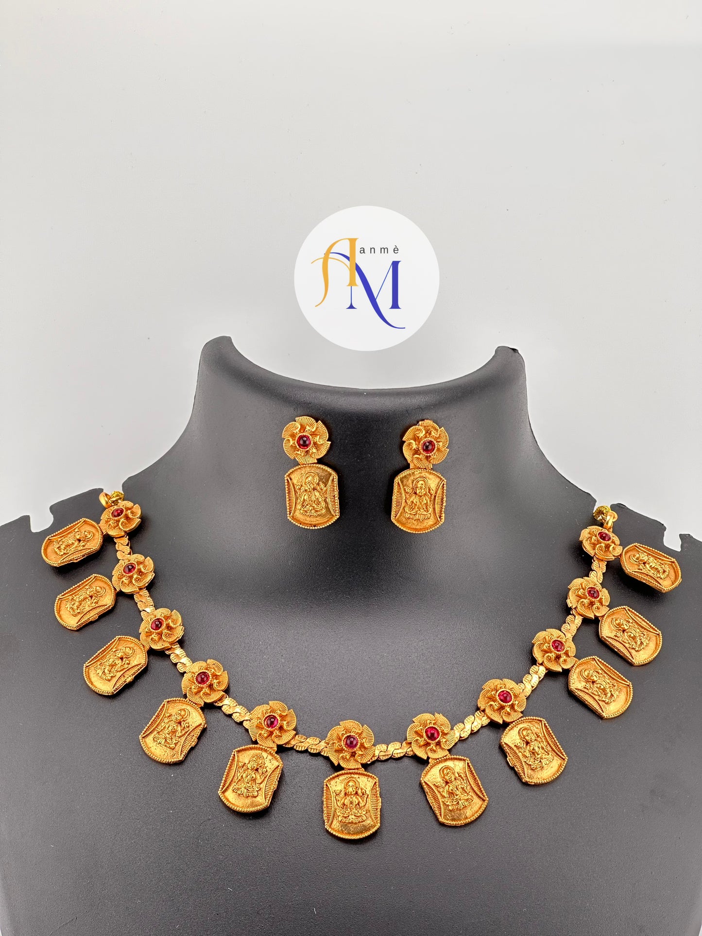 Lakshmi Coin necklace set with ruby-green-white stones