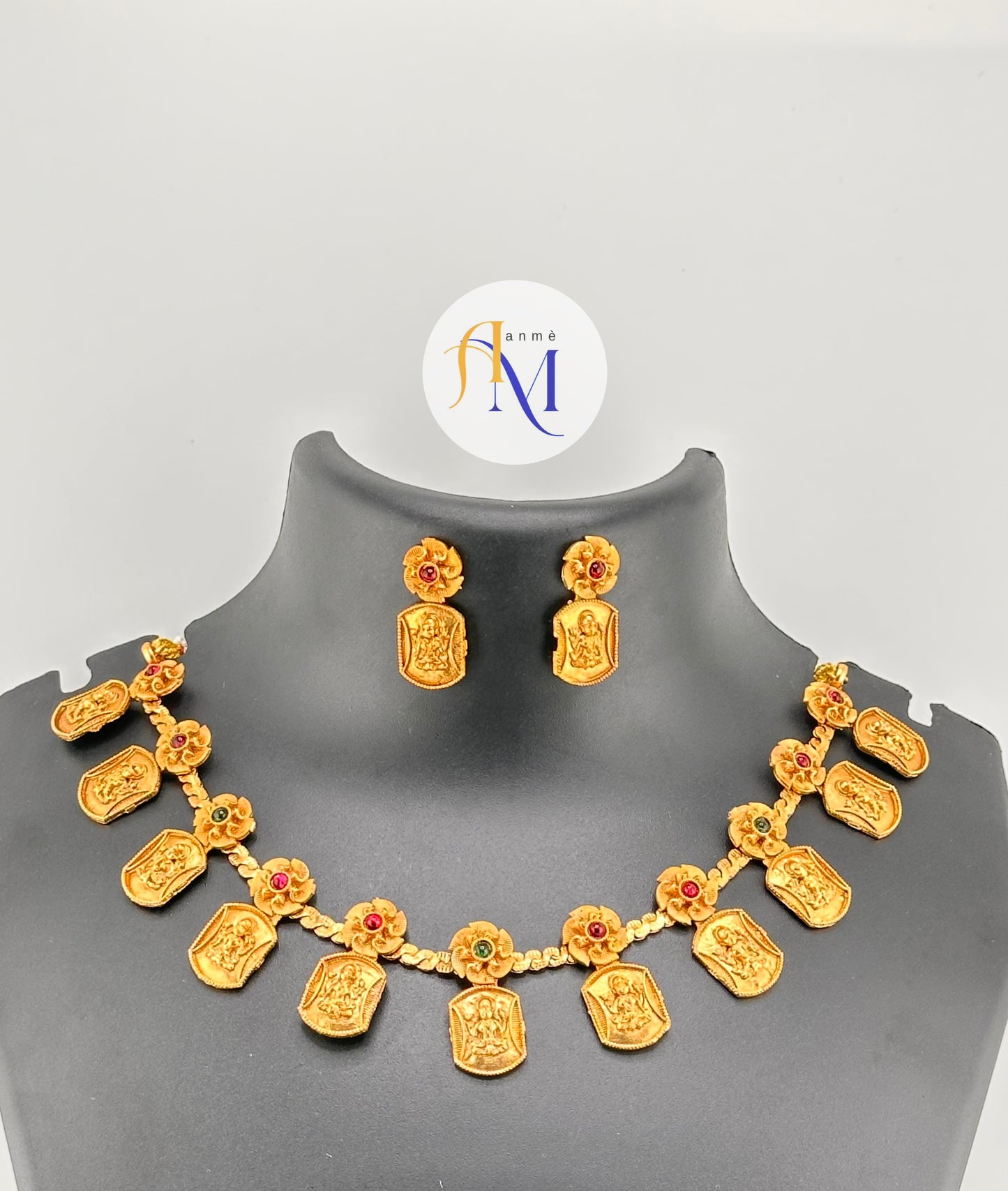 Lakshmi Coin necklace set with ruby-green-white stones