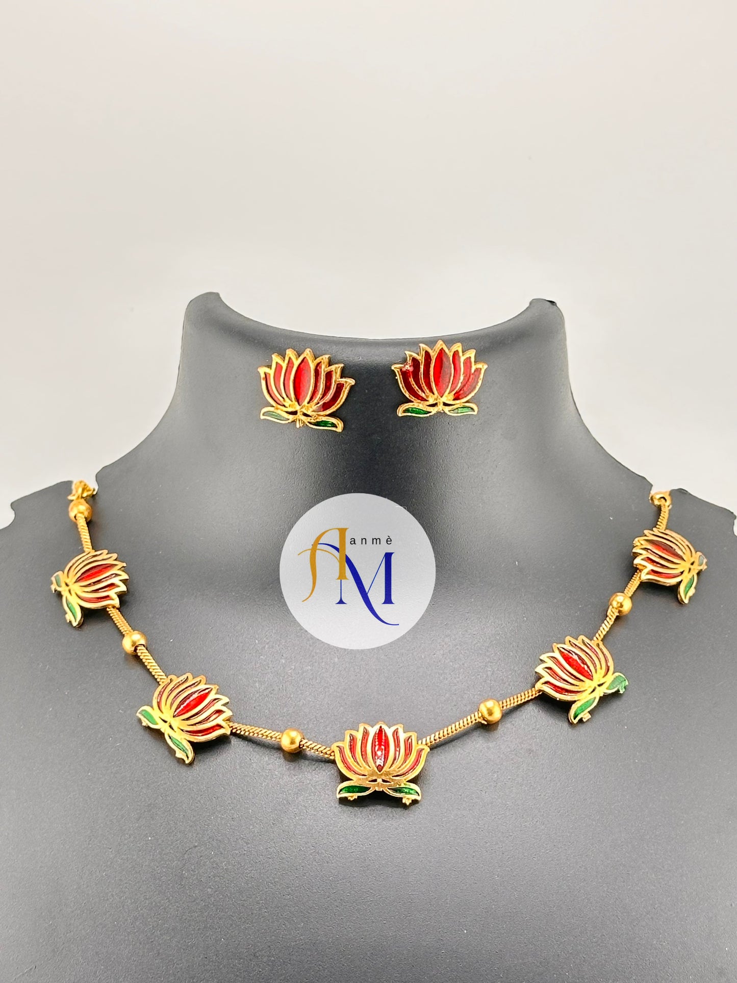 Trending Lotus necklace with earrings (Maroon-Maroon-Green)