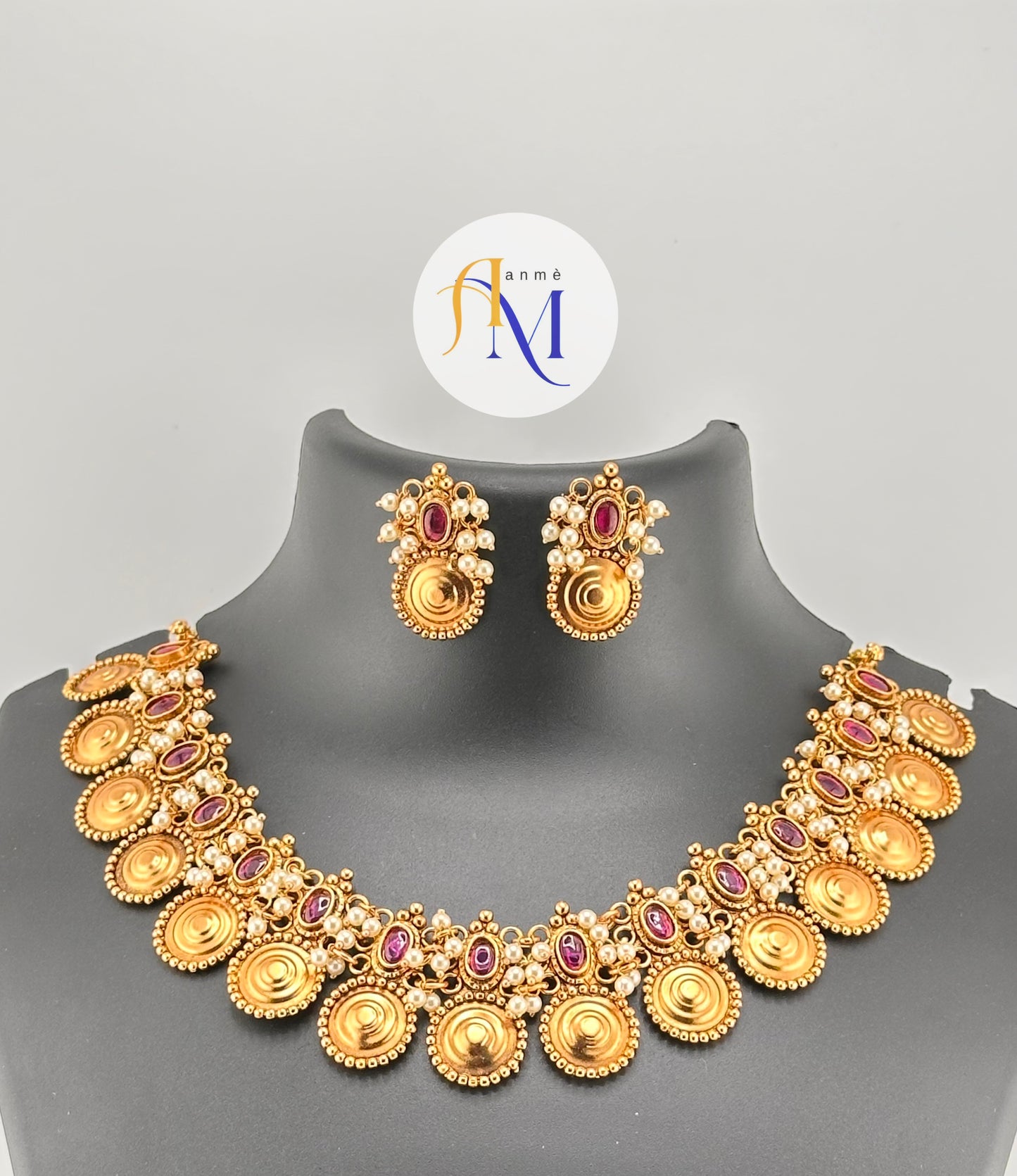 Beautiful trending coin and vadamalli-green necklace set with white pearl hangings