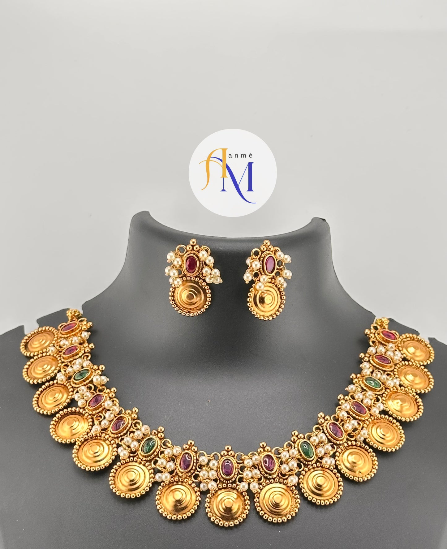 Beautiful trending coin and vadamalli-green necklace set with white pearl hangings