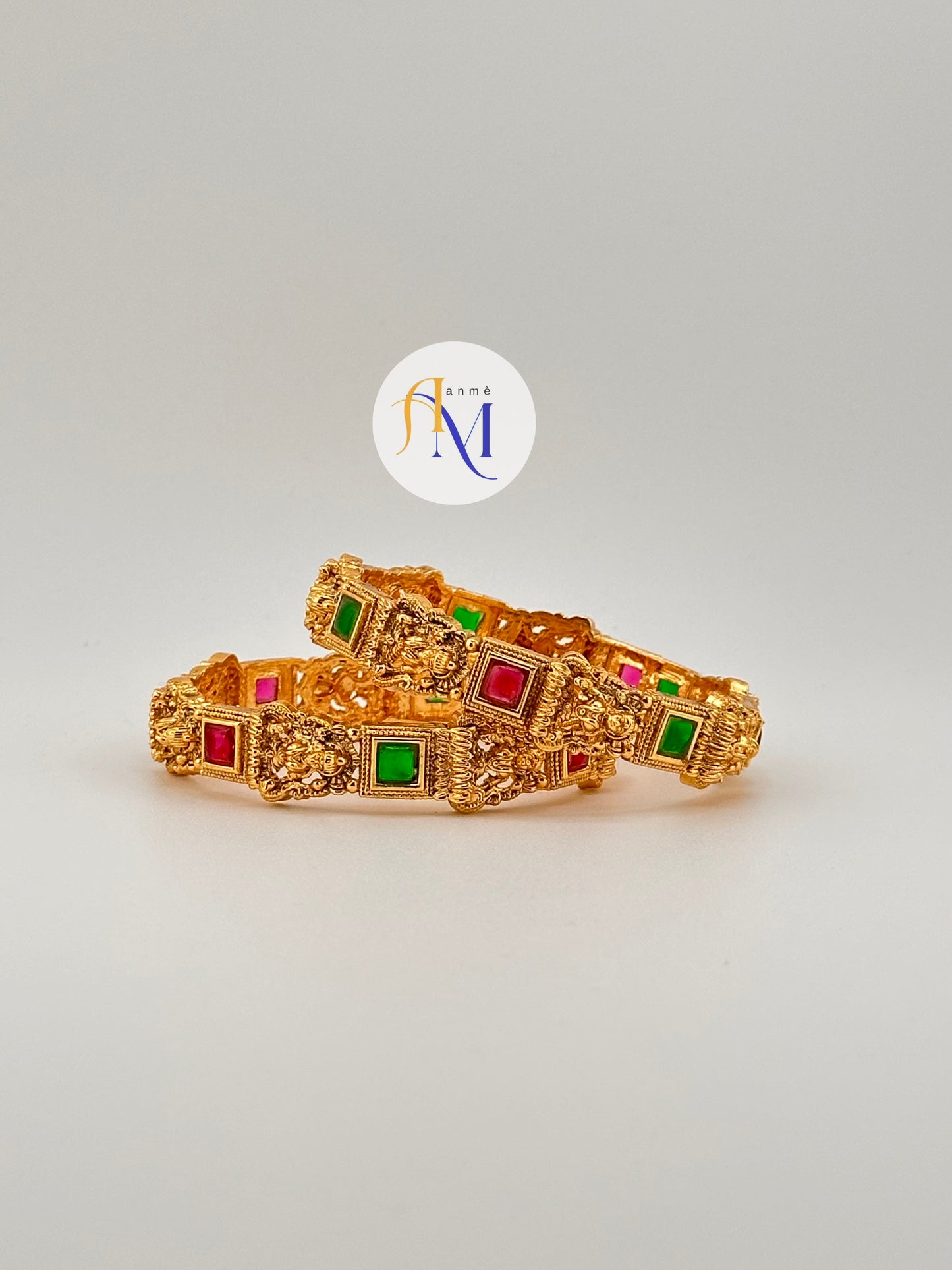 Temple design with ruby and green square cut bangles(Set of 2)