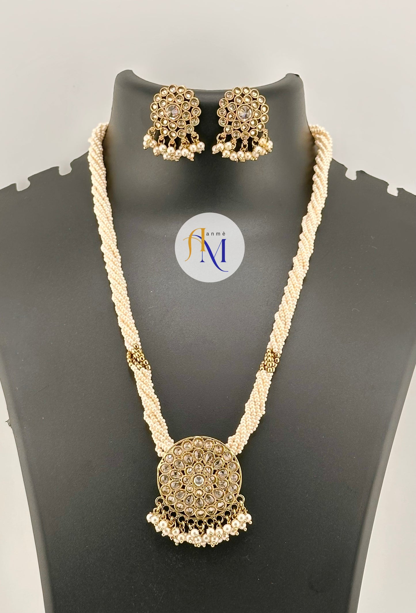 Elegant White Pearl Long necklace with beautiful white stones pendant with pearl hangings and earrings