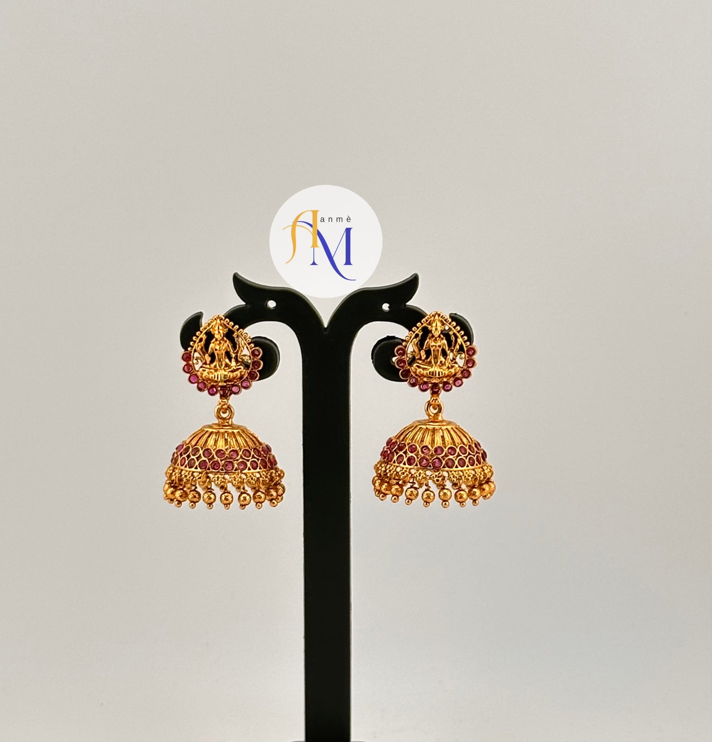 Temple design earrings with ruby-green stones(Available in 3 colors)
