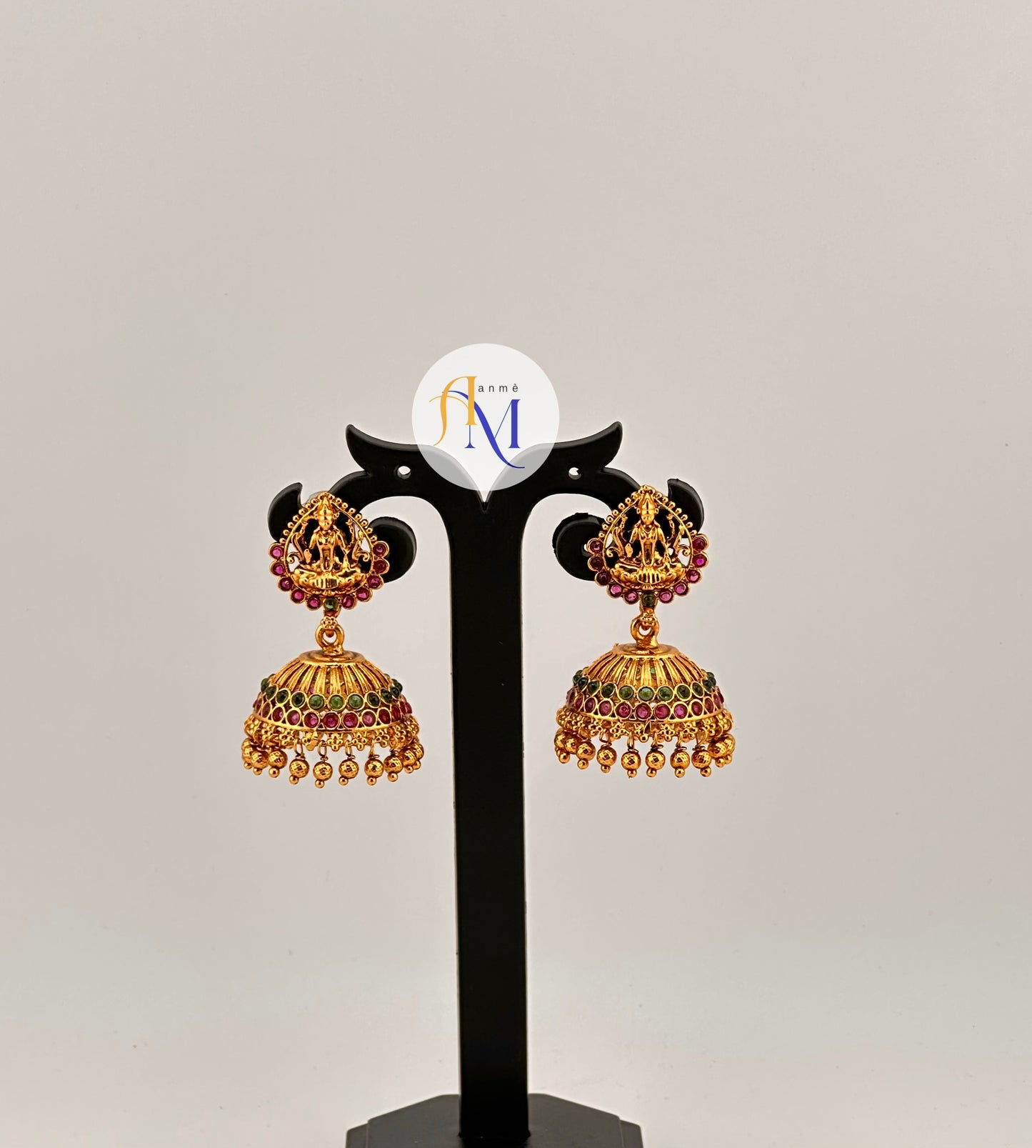 Temple design earrings with ruby-green stones(Available in 3 colors)