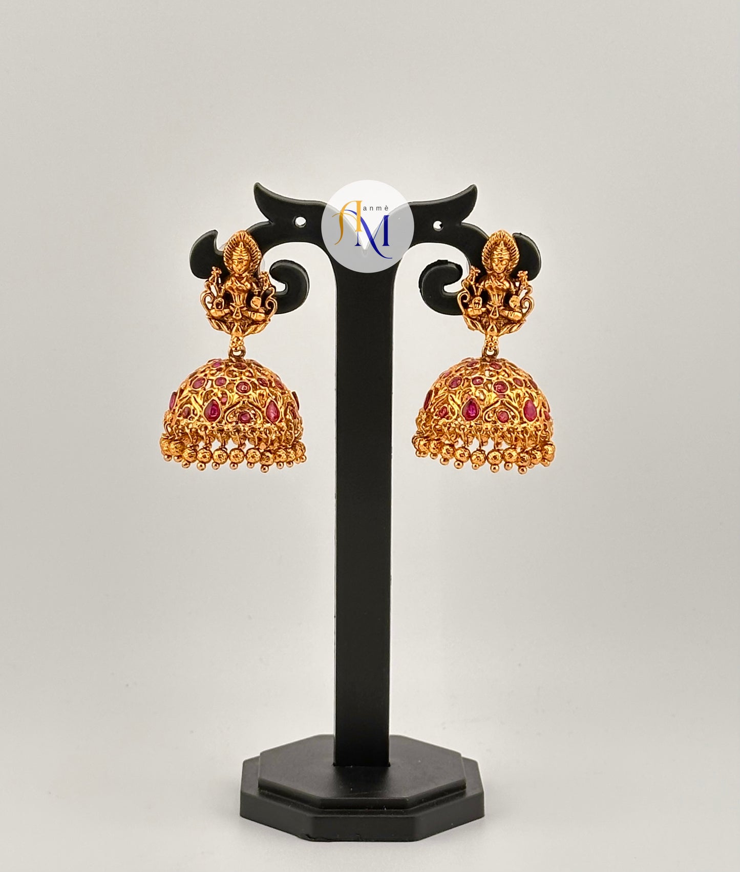 Beautiful Goddess Lakshmi earrings with rich ruby-green stone works(Available in 3 colors)