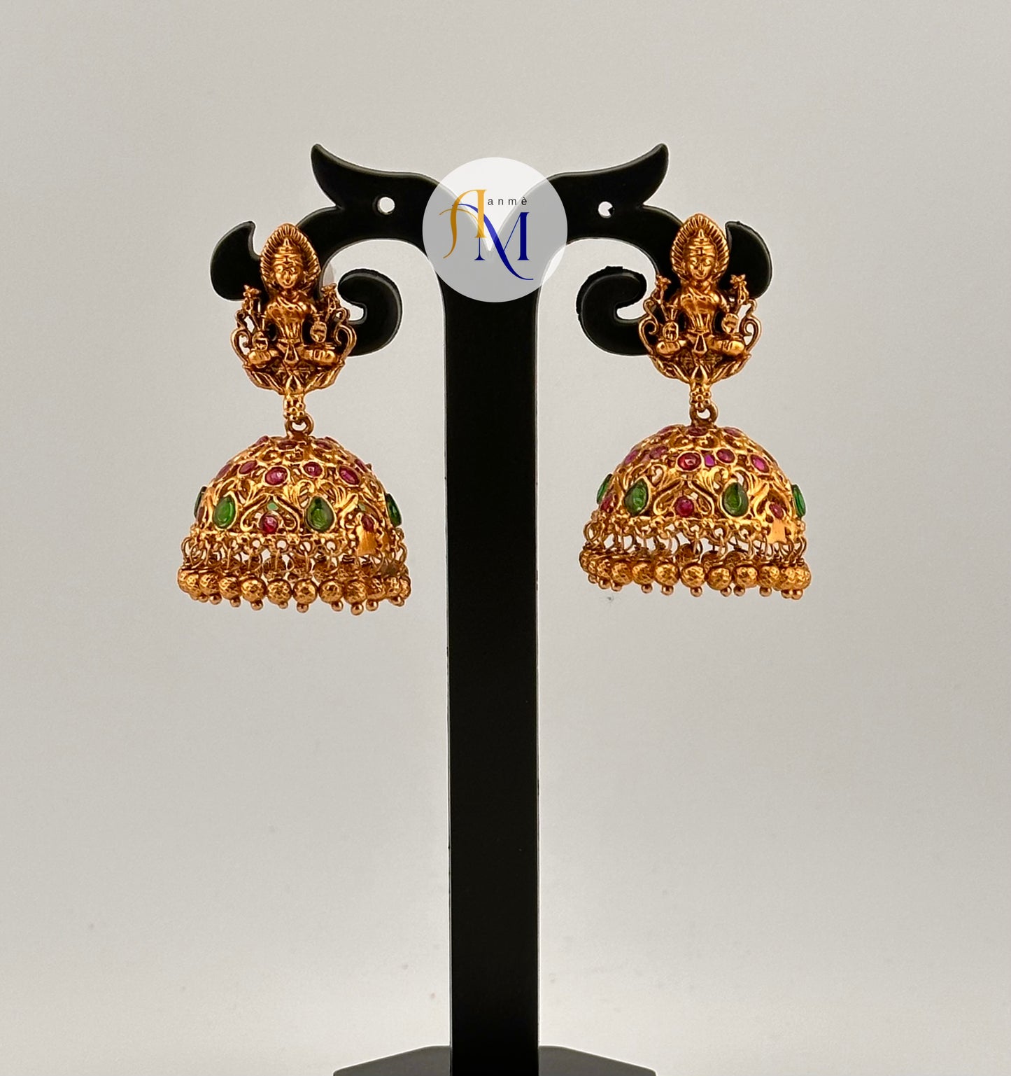 Beautiful Goddess Lakshmi earrings with rich ruby-green stone works(Available in 3 colors)
