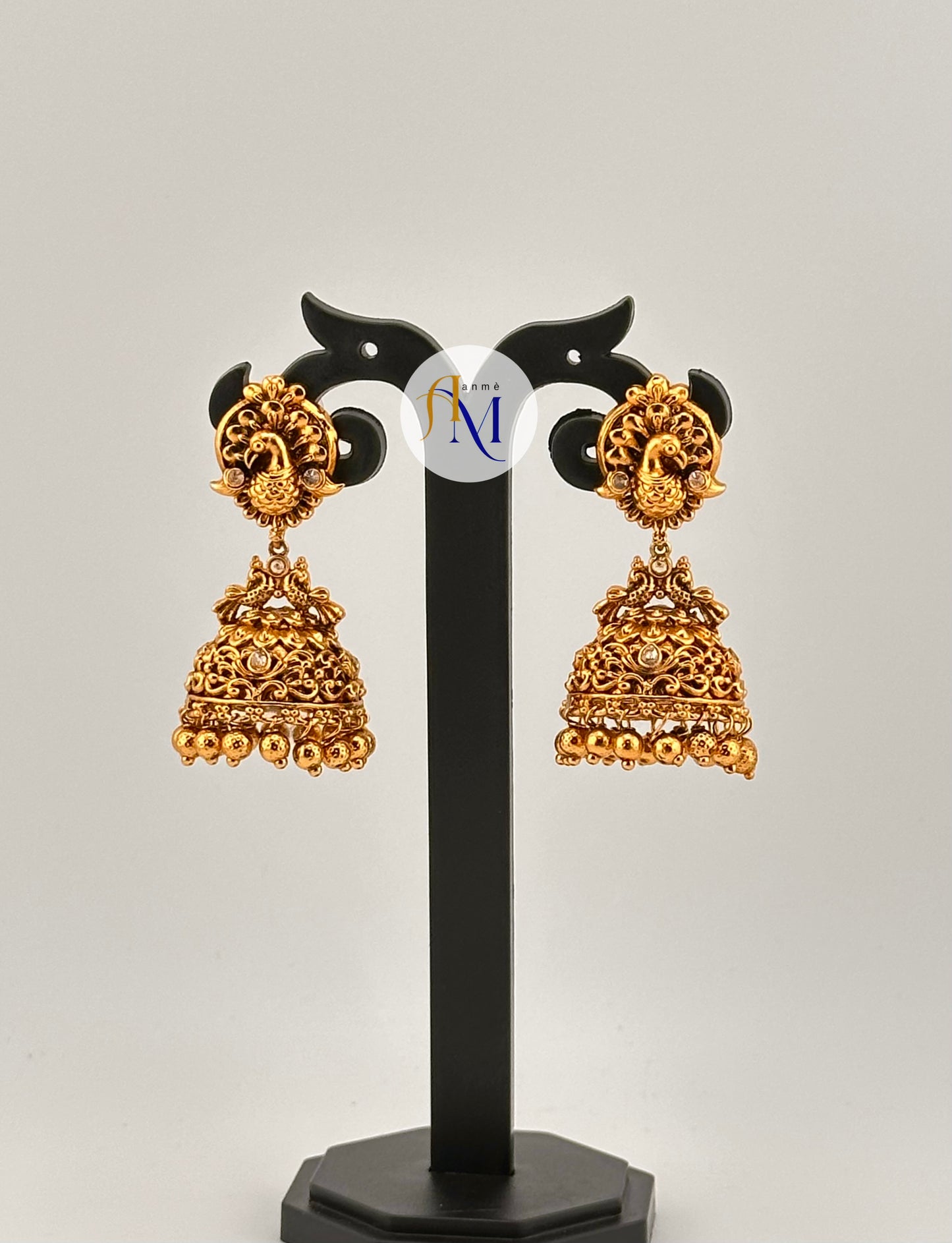 Beautiful peacock and floral design Jhumkas with white stones