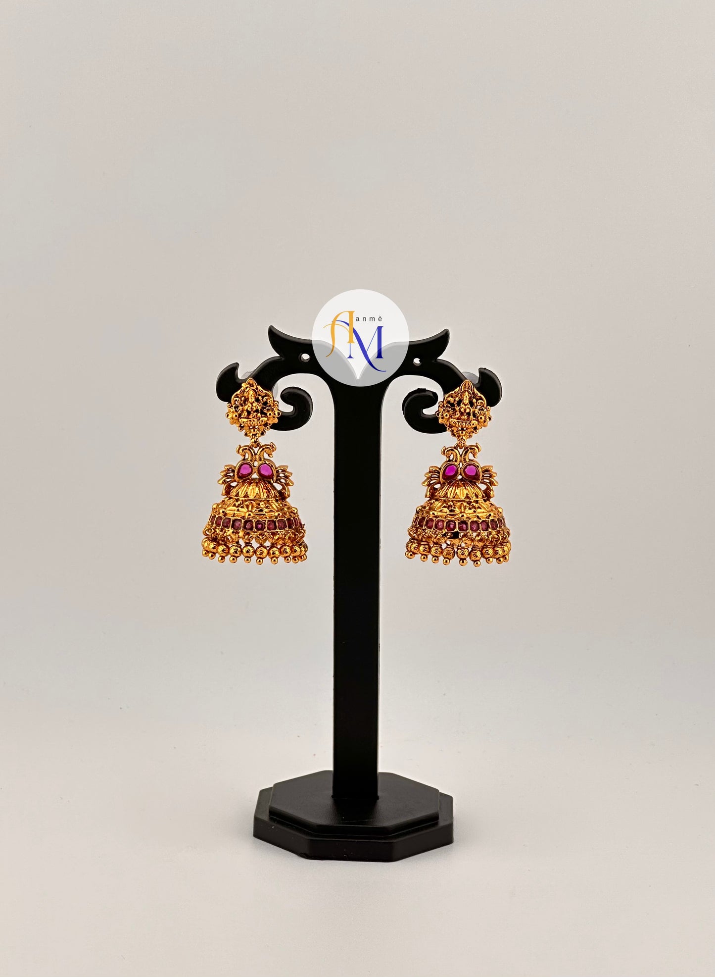 Simple and beautiful temple design Jhumkas with ruby-green stones(Available in 2 colors)
