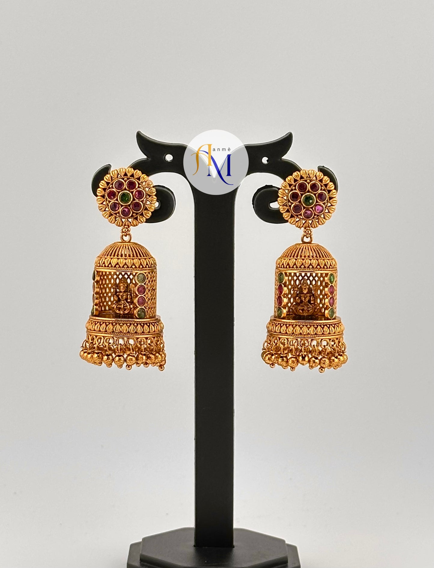 Lakshmi mandir earrings with multicolor stones and floral design