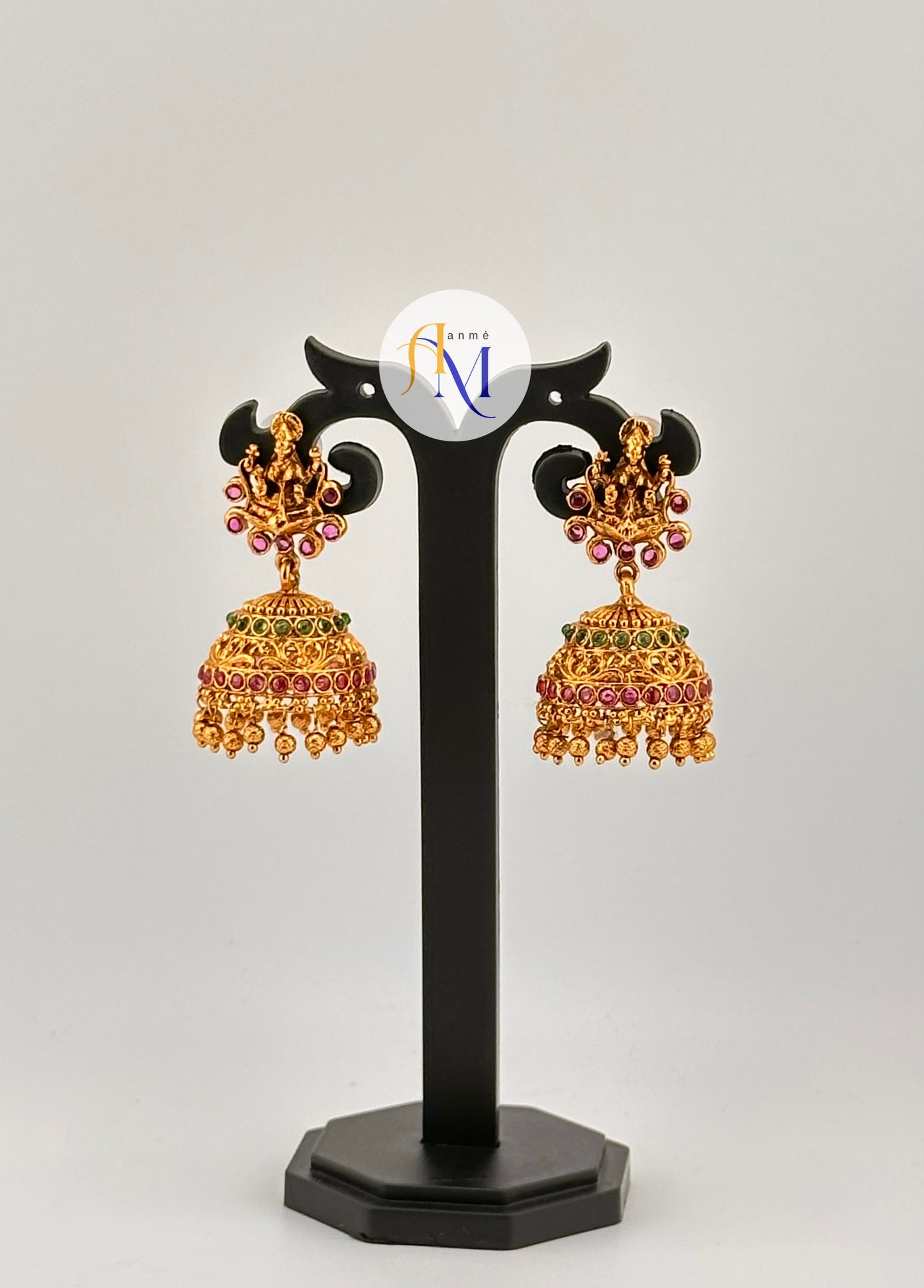 Antique temple design multicolor stone Jhumkas