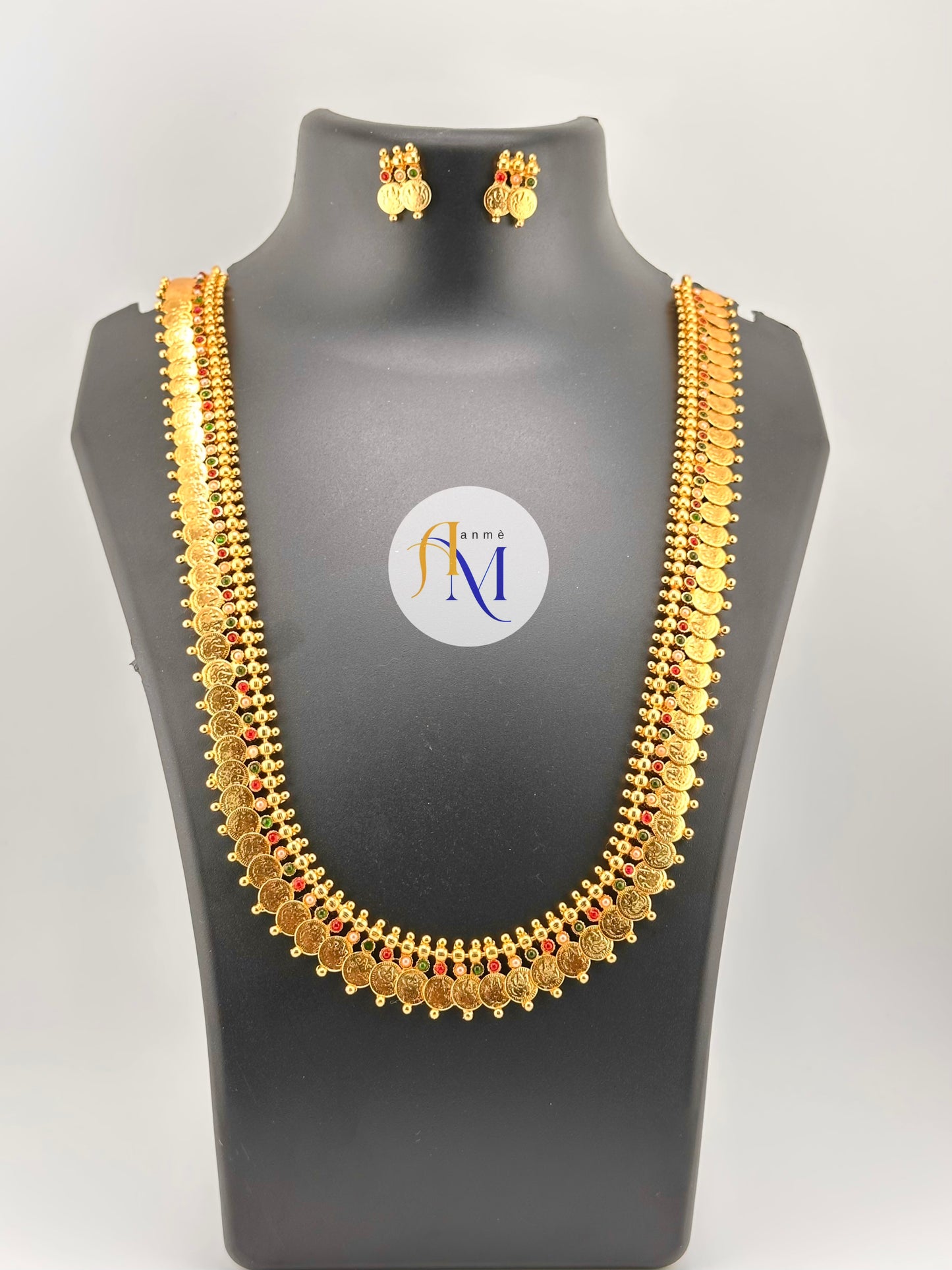 Antique Kasumala(Coin) long haram with ruby-green stones