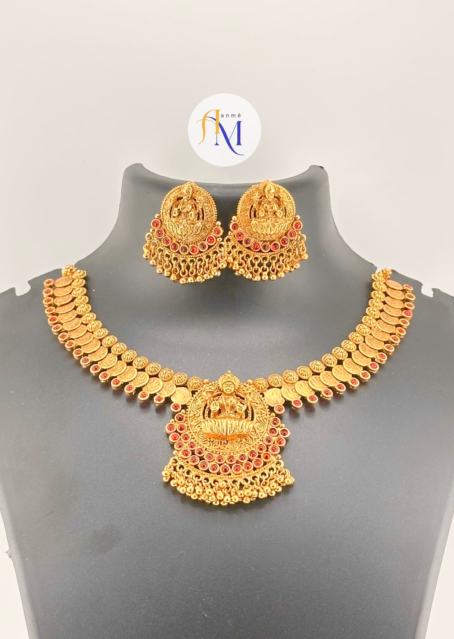 Antique matte finish coin choker(kasumala) or necklace with lakshmi pendant with ruby stones