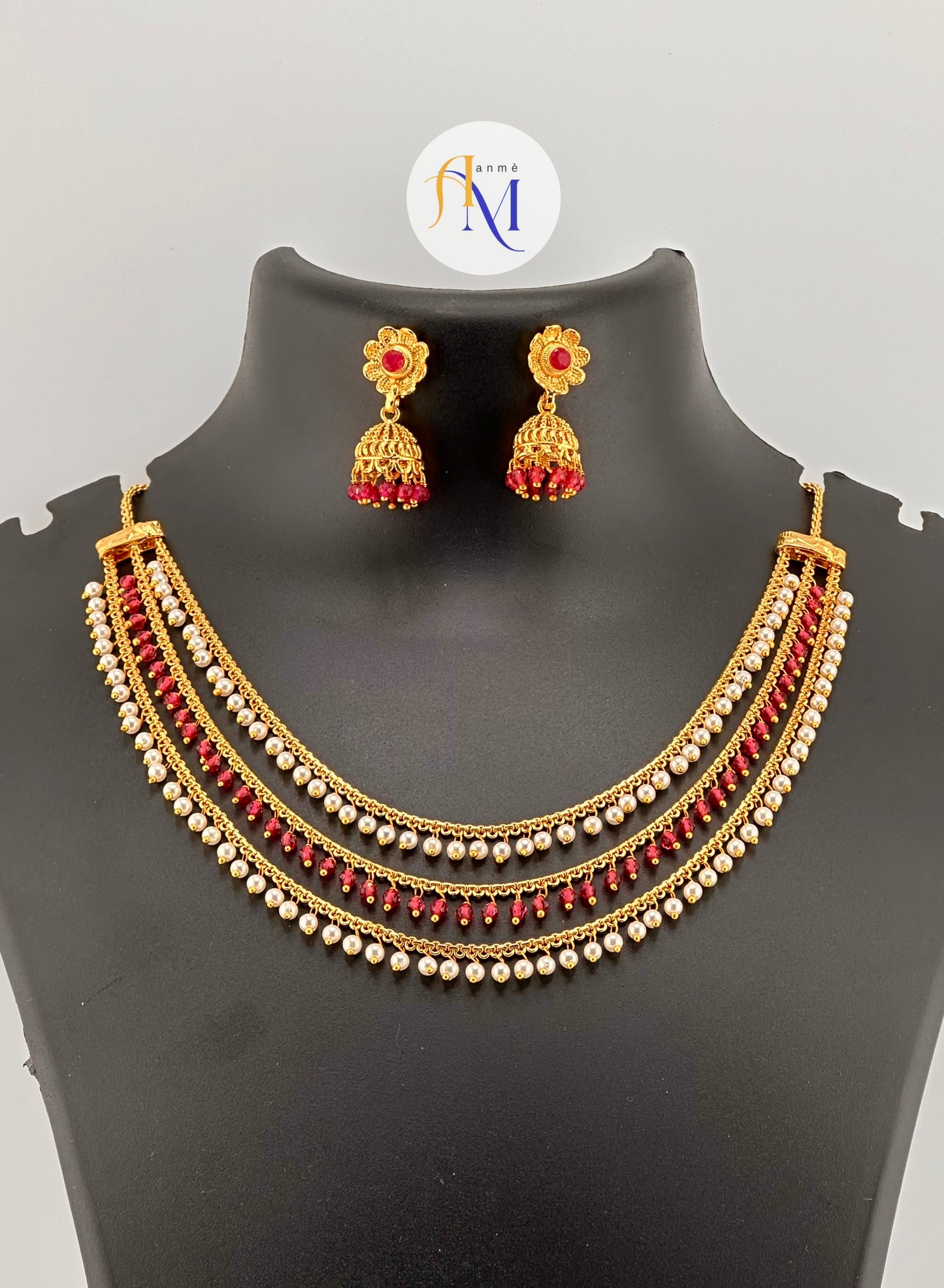 Trending 3 layer necklace with small jhumkas(Available in 3 colors)