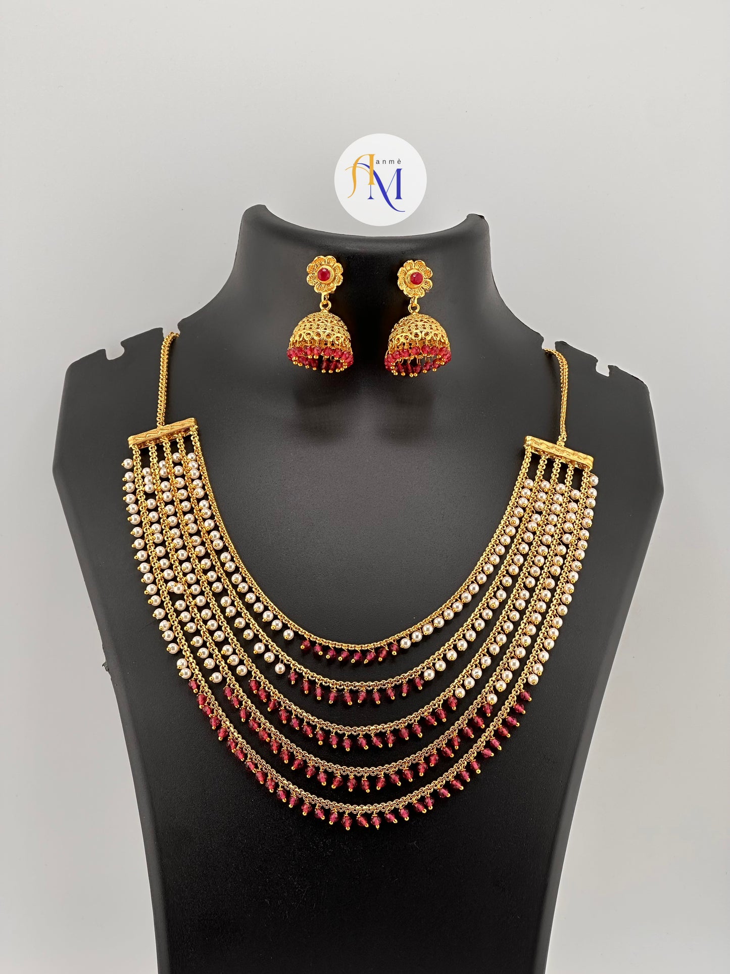 Trending 5 layer necklace with small jhumkas(Available in 3 colors)