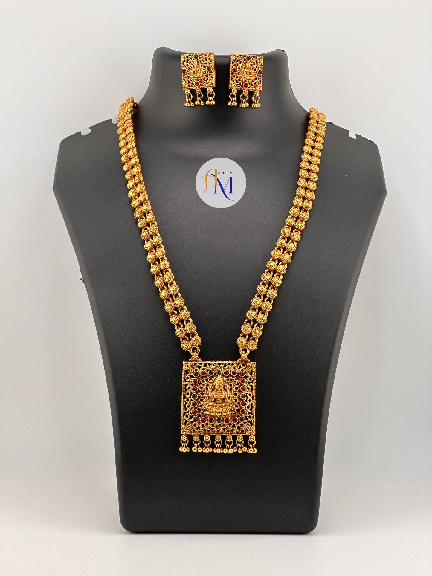 Antique square lakshmi pendant long haram with square earrings