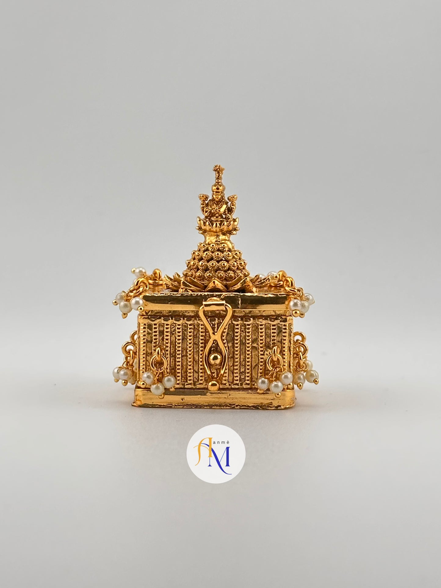 Rectangular Temple design Kumkum box with white pearls